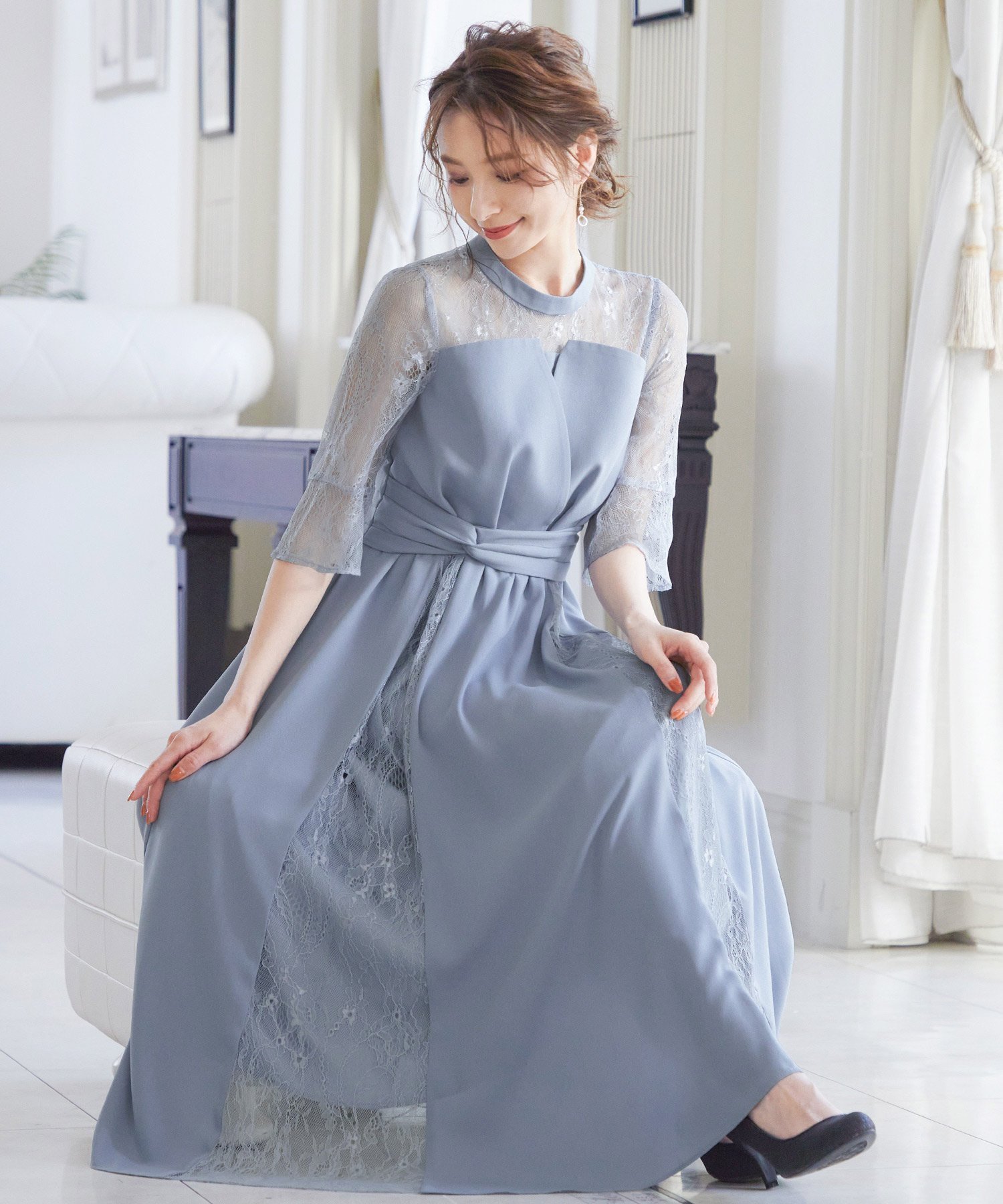 【ビーフラット/bflat】のビスチェ風ハイネックレース結婚式ワンピース インテリア・キッズ・メンズ・レディースファッション・服の通販 founy(ファウニー) 　ファッション　Fashion　レディースファッション　Fashion for Women　ワンピース　Dresses　クラシカル　Classical, Vintage-Inspired　デコルテ　Décolleté, Neckline　ハイネック　High Neck, Mock Neck　ビスチェ　Bustier, Corset Top　レース　Lace, Lace Fabric　結婚式　Wedding　ブルーグレー|ID: prp329100004984463 ipo3291000000037338915
