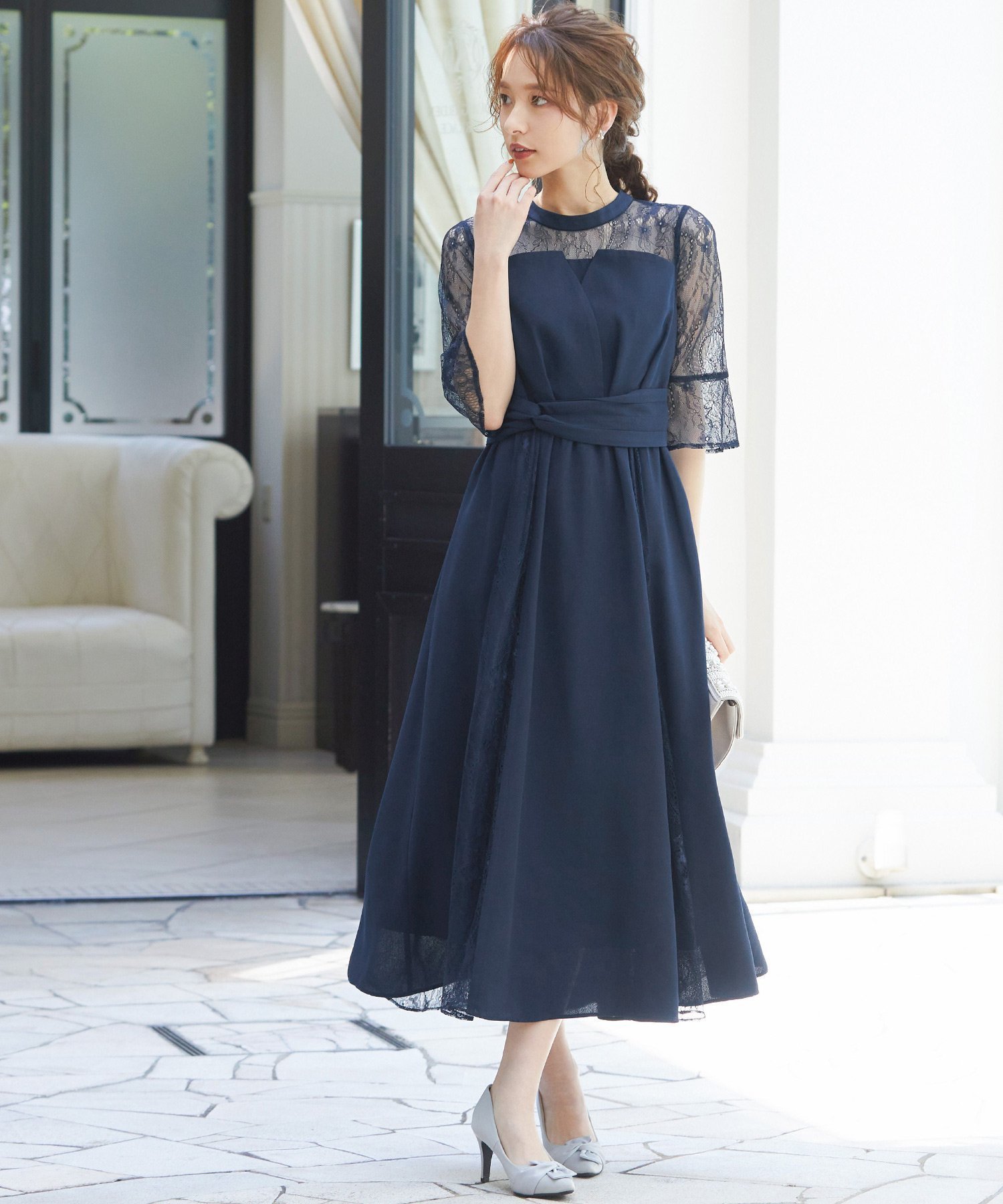 【ビーフラット/bflat】のビスチェ風ハイネックレース結婚式ワンピース インテリア・キッズ・メンズ・レディースファッション・服の通販 founy(ファウニー) 　ファッション　Fashion　レディースファッション　Fashion for Women　ワンピース　Dresses　クラシカル　Classical, Vintage-Inspired　デコルテ　Décolleté, Neckline　ハイネック　High Neck, Mock Neck　ビスチェ　Bustier, Corset Top　レース　Lace, Lace Fabric　結婚式　Wedding　ネイビー|ID: prp329100004984463 ipo3291000000037338916