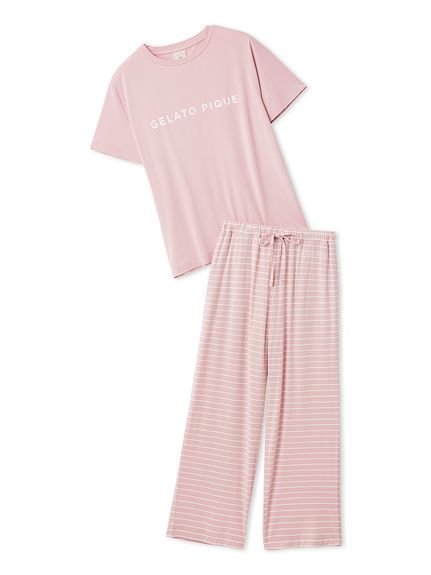 【ジェラート ピケ/gelato pique】のレーヨンロゴTシャツ ボーダーロングパンツセット インテリア・キッズ・メンズ・レディースファッション・服の通販 founy(ファウニー) 　ファッション　Fashion　レディースファッション　Fashion for Women　パンツ　Pants & Trousers　春　Spring　カットソー　Cut and Sewn Top　シンプル　Simple, Minimal　スタイリッシュ　Stylish, Fashionable　ストレート　Straight, Straight Cut　スマート　Smart, Elegant　セットアップ　Set-Up, Coordinated Outfit　トレンド　Trend, Trending Now　定番　Standard, Basic Item　プリント　Print, Printed Pattern　ボトム　Bottoms, Lower Wear　ボーダー　Border, Stripe　ポケット　Pocket, Pocket Detail　ロング　Long, Long-Length　ワンポイント　One Point, Statement Accent　おすすめ　Recommended / Our Picks　ギフト プレゼント　Gift / Present　PNK[066]|ID: prp329100004984506 ipo3291000000037339164