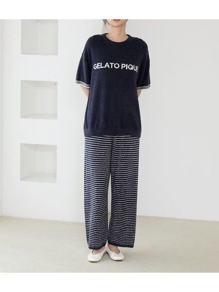 【ジェラート ピケ/gelato pique】のスムーズィーロゴジャガードプルオーバー ロングパンツセット インテリア・キッズ・メンズ・レディースファッション・服の通販 founy(ファウニー) 　ファッション　Fashion　レディースファッション　Fashion for Women　パンツ　Pants & Trousers　春　Spring　ストレート　Straight, Straight Cut　スマート　Smart, Elegant　セットアップ　Set-Up, Coordinated Outfit　定番　Standard, Basic Item　なめらか　Smooth, Silky Texture　ボーダー　Border, Stripe　ポケット　Pocket, Pocket Detail　半袖　Short Sleeve, Half Sleeve　ロング　Long, Long-Length　おすすめ　Recommended / Our Picks　ギフト プレゼント　Gift / Present　NVY[089]|ID: prp329100004984508 ipo3291000000037339174