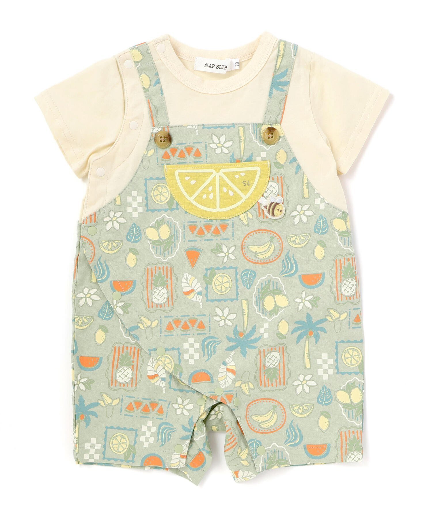 【ベベ オンライン ストア/BEBE ONLINE STORE / KIDS】の【お揃い】フルーツポケット付き総柄カバーオールベビー(60~80cm) インテリア・キッズ・メンズ・レディースファッション・服の通販 founy(ファウニー) 　ファッション　Fashion　キッズファッション　Fashion for Kids　イエロー　Yellow　春　Spring　コレクション　Collection, Seasonal Line　ショート　Short, Short Length　チェック　Check, Plaid, Tartan　フレンチ　French, French Style　ベビー　Baby, Babywear　ポケット　Pocket, Pocket Detail　半袖　Short Sleeve, Half Sleeve　モチーフ　Motif, Design Theme　リゾート　Resort, Vacation Style　レース　Lace, Lace Fabric　S/S・春夏　SS, Spring/Summer, Warm Season　夏　Summer　エレガント 上品　Elegant　2026年　2026　2026春夏・S/S　Spring/Summer 2026 SS26　グリーン系|ID: prp329100004984550 ipo3291000000037339394