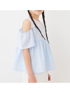 【コカ/coca / KIDS】のキッズ ストライプドッキング肩あきブラウス 大人の最旬トレンドファッション＆コーディネート founy(ファウニー) ファッション Fashion キッズファッション Fashion for Kids 春 Spring カットソー Cut and Sewn Top ギャザー Gathered, Ruffled ショート Short, Short Length ストライプ Stripe, Striped Pattern デニム Denim, Jeans Material ドッキング Docking, Mixed Material ポケット Pocket, Pocket Detail レギンス Leggings, Stretch Pants S/S・春夏 SS, Spring/Summer, Warm Season 夏 Summer 2026年 2026 2026春夏・S/S Spring/Summer 2026 SS26 |ID:prp329100004984576