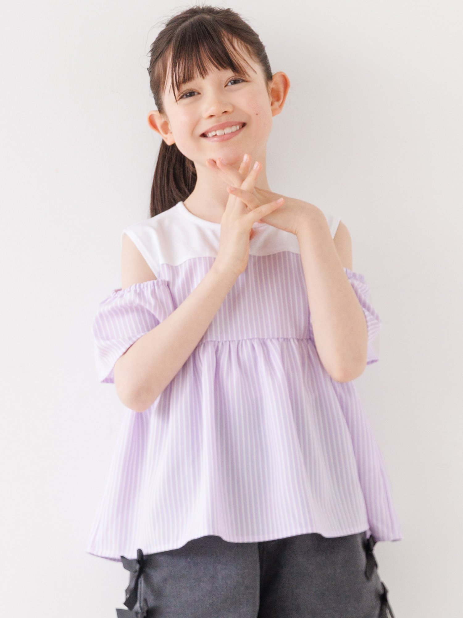【コカ/coca / KIDS】のキッズ ストライプドッキング肩あきブラウス インテリア・キッズ・メンズ・レディースファッション・服の通販 founy(ファウニー) 　ファッション　Fashion　キッズファッション　Fashion for Kids　春　Spring　カットソー　Cut and Sewn Top　ギャザー　Gathered, Ruffled　ショート　Short, Short Length　ストライプ　Stripe, Striped Pattern　デニム　Denim, Jeans Material　ドッキング　Docking, Mixed Material　ポケット　Pocket, Pocket Detail　レギンス　Leggings, Stretch Pants　S/S・春夏　SS, Spring/Summer, Warm Season　夏　Summer　2026年　2026　2026春夏・S/S　Spring/Summer 2026 SS26　Purple|ID: prp329100004984576 ipo3291000000037368184