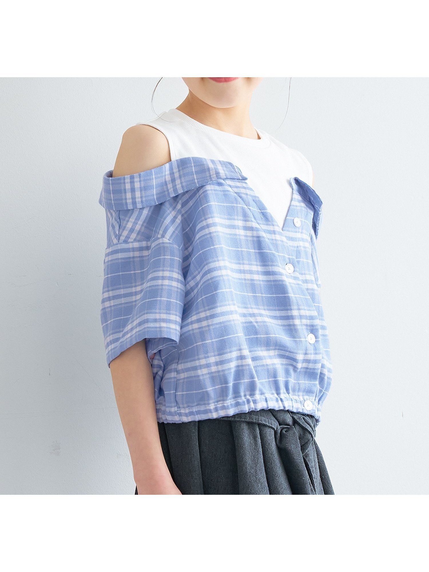 【コカ/coca / KIDS】のキッズ ドッキング肩あきチェックシャツ インテリア・キッズ・メンズ・レディースファッション・服の通販 founy(ファウニー) 　ファッション　Fashion　キッズファッション　Fashion for Kids　インナー　Innerwear　春　Spring　カットソー　Cut and Sewn Top　ガーリー　Girly, Feminine Style　コンパクト　Compact, Small Size　ショート　Short, Short Length　チェック　Check, Plaid, Tartan　デニム　Denim, Jeans Material　トレンド　Trend, Trending Now　ドッキング　Docking, Mixed Material　バランス　Balance, Style Balance　ポケット　Pocket, Pocket Detail　S/S・春夏　SS, Spring/Summer, Warm Season　夏　Summer　2026年　2026　2026春夏・S/S　Spring/Summer 2026 SS26　Blue|ID: prp329100004984621 ipo3291000000037339867