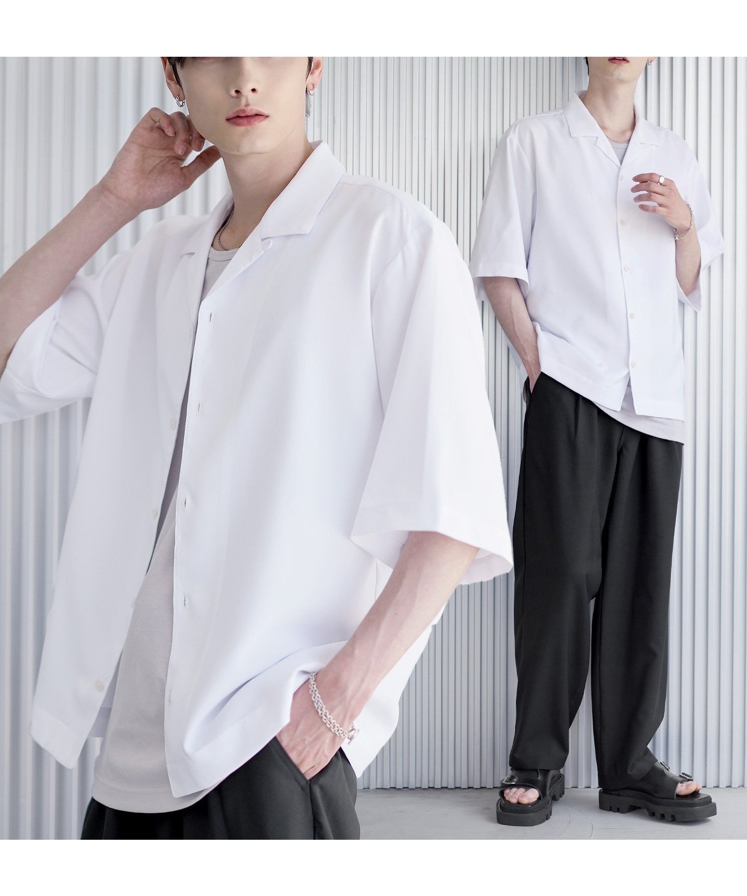 【ザ カジュアル/THE CASUAL / MEN】の【セットアップ 3点セット】防シワ接触冷感リラックスワイドシャツ+天竺タンクトップ+2タックワイドパンツ インテリア・キッズ・メンズ・レディースファッション・服の通販 founy(ファウニー) 　ファッション　Fashion　メンズファッション　Fashion for Men　ボトムス　Bottoms　カットソー　Cut and Sewn Top　カーゴパンツ　Cargo Pants, Utility Pants　今季　This Season, Current Season　吸水　Absorbent, Quick-Dry　ショルダー　Shoulder, Shoulder Strap　ストライプ　Stripe, Striped Pattern　セットアップ　Set-Up, Coordinated Outfit　タンク　Tank Top, Sleeveless Top　トレンド　Trend, Trending Now　ドロップ　Drop Shoulder, Dropped Style　半袖　Short Sleeve, Half Sleeve　リラックス　Relax, Relaxed Fit　ロング　Long, Long-Length　ワイド　Wide, Wide Fit　おすすめ　Recommended / Our Picks　夏　Summer　エレガント 上品　Elegant　ホワイト系|ID: prp329100004984788 ipo3291000000037340791