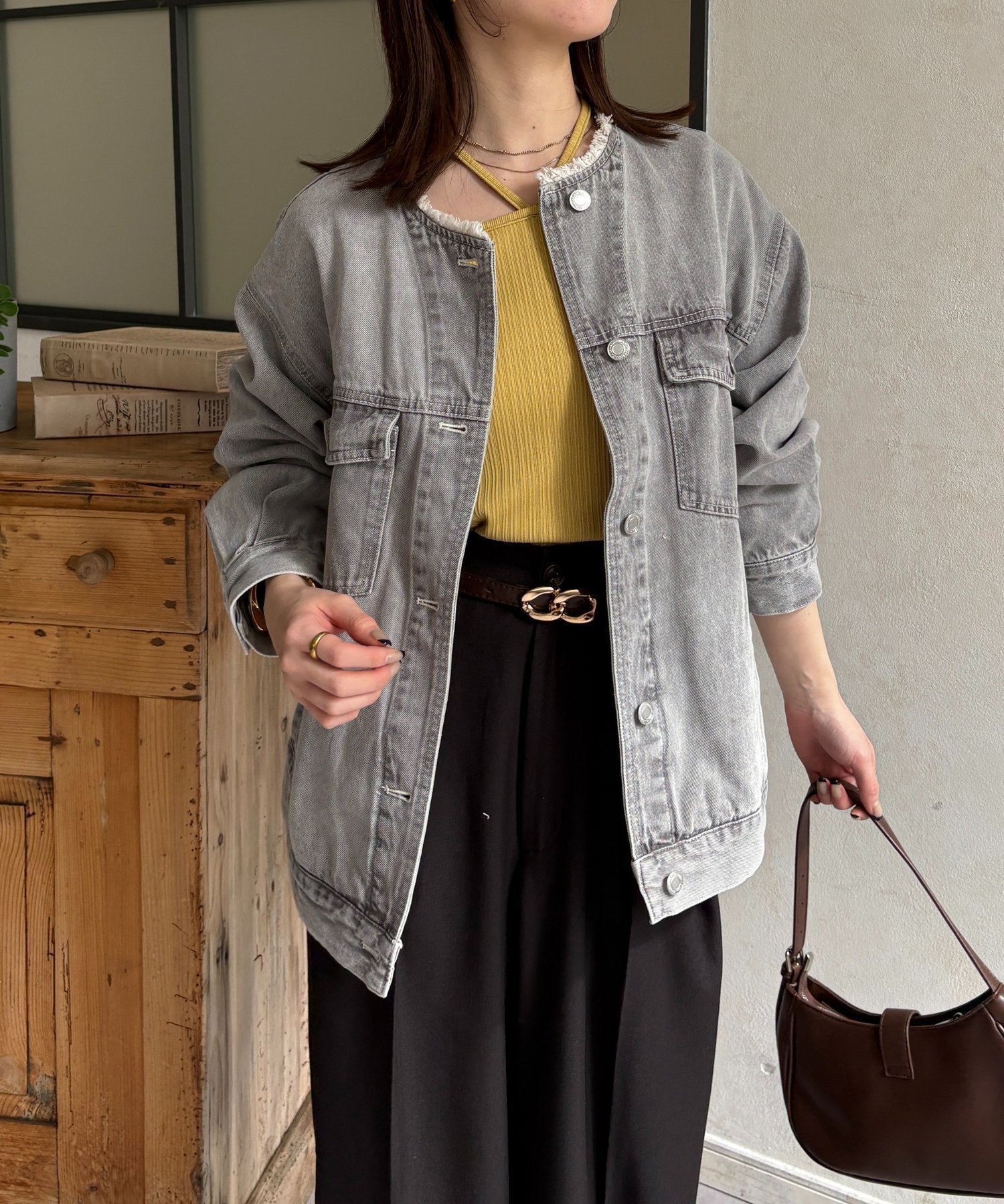【ゼヴォン/Thevon】のノーカラーフリンジGジャン インテリア・キッズ・メンズ・レディースファッション・服の通販 founy(ファウニー) 　ファッション　Fashion　レディースファッション　Fashion for Women　アウター　Coat / Outerwear Collection　インナー　Innerwear　春　Spring　トレンド　Trend, Trending Now　定番　Standard, Basic Item　フェミニン　Feminine, Girly　フリンジ　Fringe, Tassel　プリーツ　Pleats, Pleated　再入荷　Restock / Back in Stock　おすすめ　Recommended / Our Picks　2026年　2026　2026春夏・S/S　Spring/Summer 2026 SS26　グレー|ID: prp329100004984899 ipo3291000000037341363