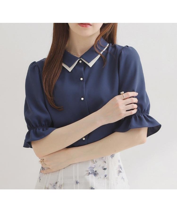 【クチュール ブローチ/Couture Brooch】の【通勤・洗える】配色ダブルカラー ブラウス インテリア・キッズ・メンズ・レディースファッション・服の通販 founy(ファウニー) 　ファッション　Fashion　レディースファッション　Fashion for Women　トップス・カットソー　Cut & Sew Tops　シャツ・ブラウス・オフィスカジュアル　Elegant Blouses & Button-Ups　洗える　Machine Washable　シンプル　Simple, Minimal　ジャケット　Jacket, Outerwear　スマート　Smart, Elegant　ダブル　Double, Double-Breasted　チェック　Check, Plaid, Tartan　トレンド　Trend, Trending Now　パール　Pearl, Pearl Accent　フェミニン　Feminine, Girly　ボトム　Bottoms, Lower Wear　おすすめ　Recommended / Our Picks　ビジネス 仕事 通勤　Business / Work / Commuting　2026年　2026　2026春夏・S/S　Spring/Summer 2026 SS26　ネイビー|ID: prp329100004984967 ipo3291000000037341729
