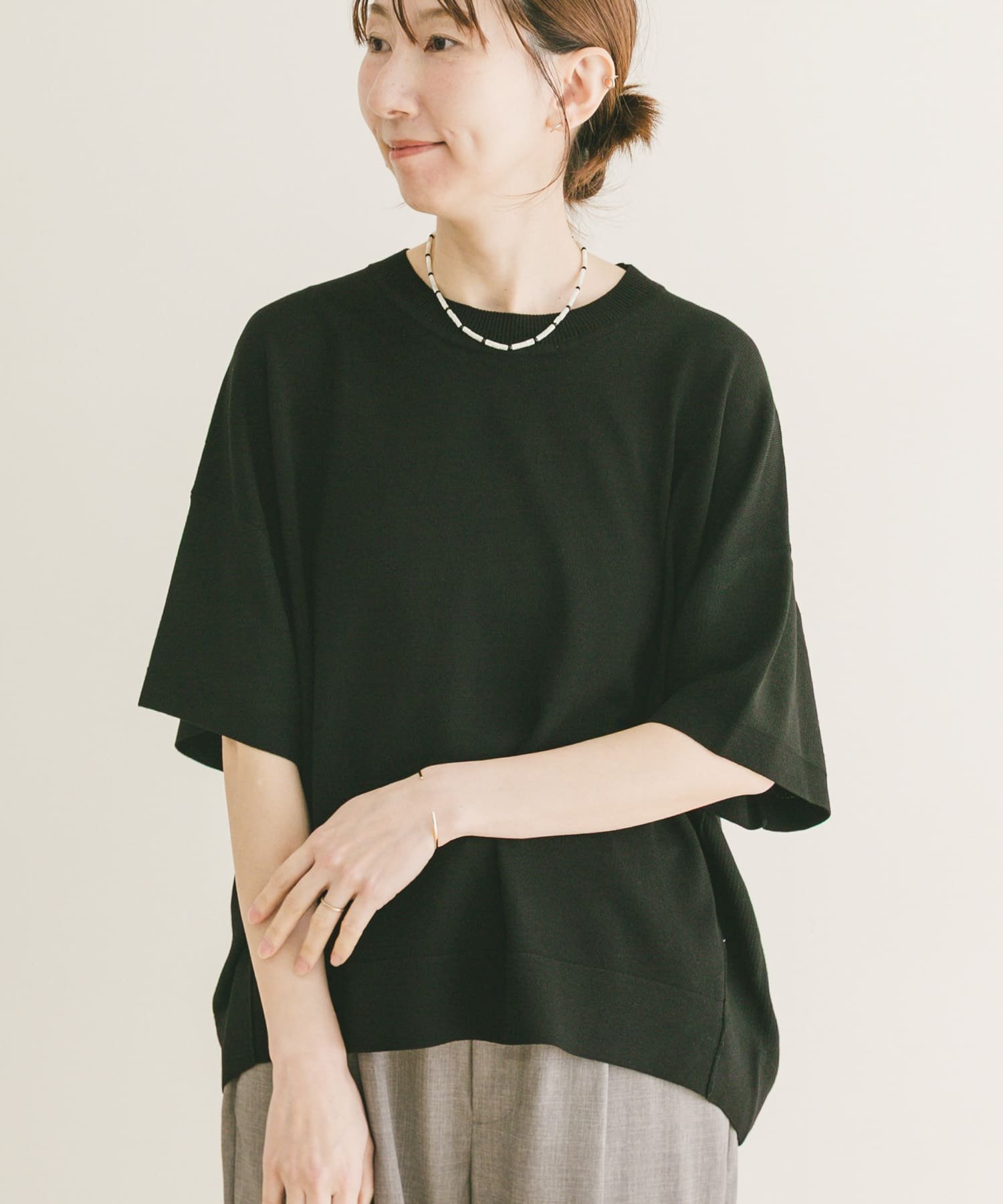 【アイテムズアーバンリサーチ/ITEMS URBAN RESEARCH】の『洗濯可』ニットTシャツ インテリア・キッズ・メンズ・レディースファッション・服の通販 founy(ファウニー) 　ファッション　Fashion　レディースファッション　Fashion for Women　トップス・カットソー　Cut & Sew Tops　ニット　Knit Tops & Sweaters　シャツ・ブラウス・オフィスカジュアル　Elegant Blouses & Button-Ups　ロングTシャツ・Tシャツ　Longline T-Shirts & Tees　ウォッシャブル　Machine Washable　洗える　Machine Washable　カットソー　Cut and Sewn Top　定番　Standard, Basic Item　S/S・春夏　SS, Spring/Summer, Warm Season　夏　Summer　エレガント 上品　Elegant　2026年　2026　2026春夏・S/S　Spring/Summer 2026 SS26　ブラック|ID: prp329100004984973 ipo3291000000037386324