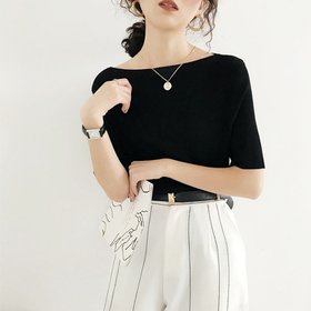 【ミニミニストア/miniministore】の5分袖リブニット夏服トップス レディース 大人の最旬トレンドファッション＆コーディネート founy(ファウニー) ファッション Fashion レディースファッション Fashion for Women トップス・カットソー Cut & Sew Tops ニット Knit Tops & Sweaters イエロー Yellow インナー Innerwear カットソー Cut and Sewn Top デニム Denim, Jeans Material ベスト Vest, Waistcoat リブニット Rib Knit, Ribbed Knit 夏 Summer 洗える Machine Washable 無地 Plain, Solid Color |ID:prp329100004985016