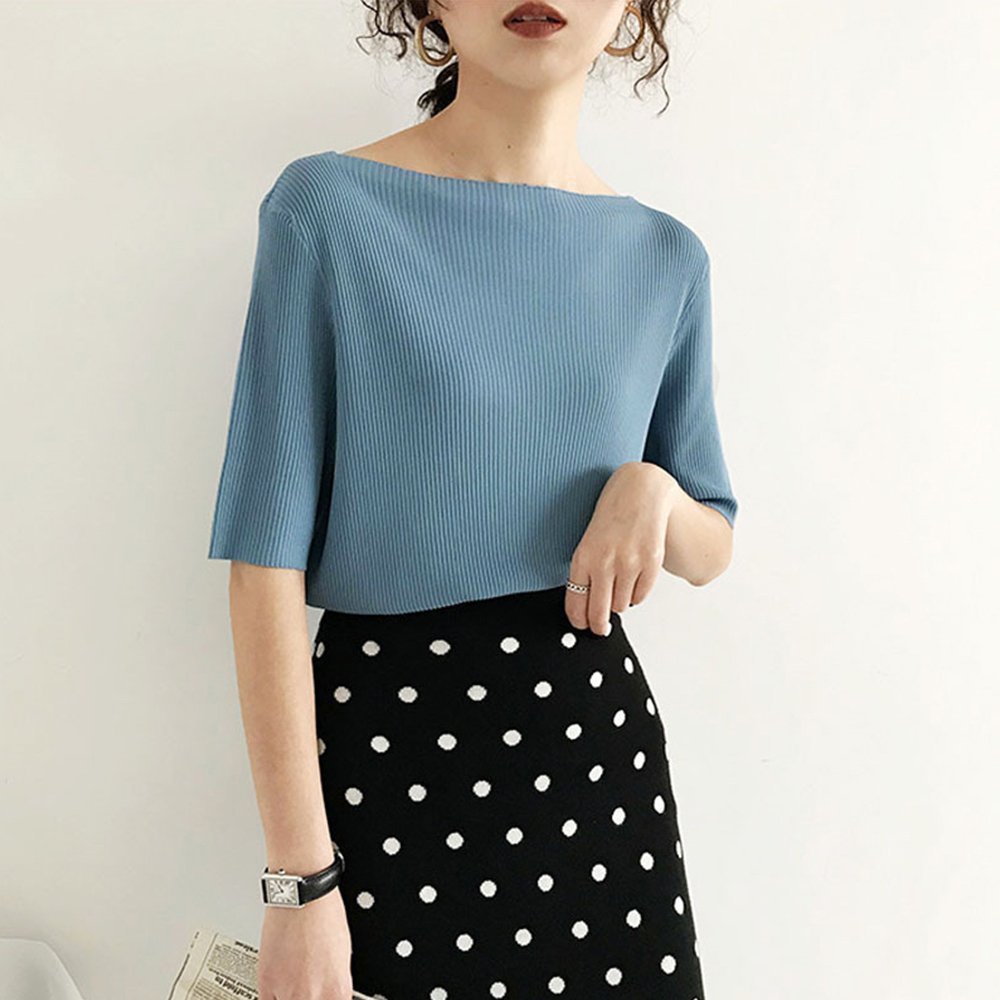 【ミニミニストア/miniministore】の5分袖リブニット夏服トップス レディース インテリア・キッズ・メンズ・レディースファッション・服の通販 founy(ファウニー) 　ファッション　Fashion　レディースファッション　Fashion for Women　トップス・カットソー　Cut & Sew Tops　ニット　Knit Tops & Sweaters　イエロー　Yellow　インナー　Innerwear　カットソー　Cut and Sewn Top　デニム　Denim, Jeans Material　ベスト　Vest, Waistcoat　リブニット　Rib Knit, Ribbed Knit　夏　Summer　洗える　Machine Washable　無地　Plain, Solid Color　ボートネック*ブルー|ID: prp329100004985016 ipo3291000000037342001