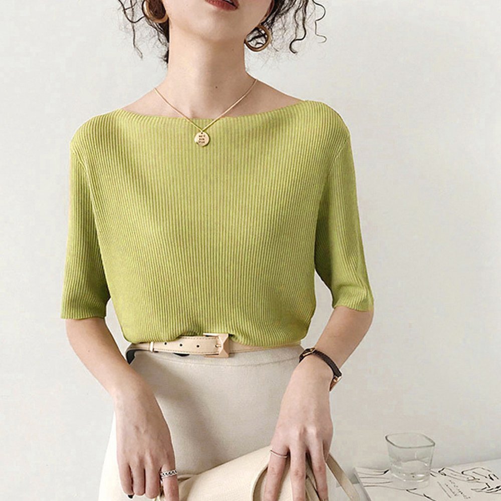 【ミニミニストア/miniministore】の5分袖リブニット夏服トップス レディース インテリア・キッズ・メンズ・レディースファッション・服の通販 founy(ファウニー) 　ファッション　Fashion　レディースファッション　Fashion for Women　トップス・カットソー　Cut & Sew Tops　ニット　Knit Tops & Sweaters　イエロー　Yellow　インナー　Innerwear　カットソー　Cut and Sewn Top　デニム　Denim, Jeans Material　ベスト　Vest, Waistcoat　リブニット　Rib Knit, Ribbed Knit　夏　Summer　洗える　Machine Washable　無地　Plain, Solid Color　ボートネック*グリーン|ID: prp329100004985016 ipo3291000000037342002