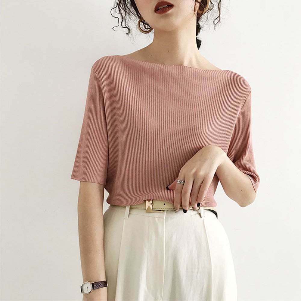 【ミニミニストア/miniministore】の5分袖リブニット夏服トップス レディース インテリア・キッズ・メンズ・レディースファッション・服の通販 founy(ファウニー) 　ファッション　Fashion　レディースファッション　Fashion for Women　トップス・カットソー　Cut & Sew Tops　ニット　Knit Tops & Sweaters　イエロー　Yellow　インナー　Innerwear　カットソー　Cut and Sewn Top　デニム　Denim, Jeans Material　ベスト　Vest, Waistcoat　リブニット　Rib Knit, Ribbed Knit　夏　Summer　洗える　Machine Washable　無地　Plain, Solid Color　ボートネック*ピンク|ID: prp329100004985016 ipo3291000000037342003