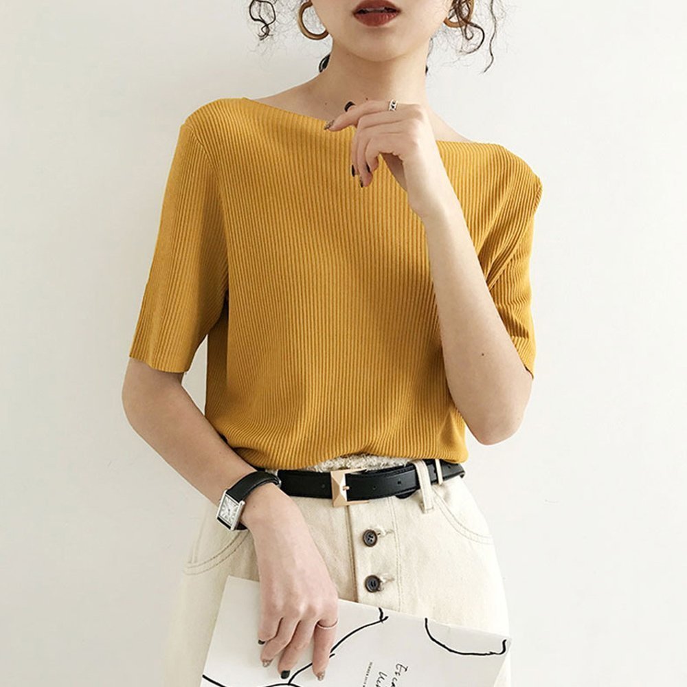 【ミニミニストア/miniministore】の5分袖リブニット夏服トップス レディース インテリア・キッズ・メンズ・レディースファッション・服の通販 founy(ファウニー) 　ファッション　Fashion　レディースファッション　Fashion for Women　トップス・カットソー　Cut & Sew Tops　ニット　Knit Tops & Sweaters　イエロー　Yellow　インナー　Innerwear　カットソー　Cut and Sewn Top　デニム　Denim, Jeans Material　ベスト　Vest, Waistcoat　リブニット　Rib Knit, Ribbed Knit　夏　Summer　洗える　Machine Washable　無地　Plain, Solid Color　ボートネック*イエロー|ID: prp329100004985016 ipo3291000000037342005