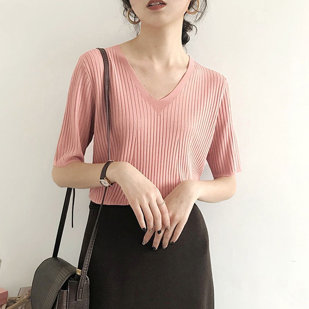 【ミニミニストア/miniministore】の5分袖リブニット夏服トップス レディース インテリア・キッズ・メンズ・レディースファッション・服の通販 founy(ファウニー) 　ファッション　Fashion　レディースファッション　Fashion for Women　トップス・カットソー　Cut & Sew Tops　ニット　Knit Tops & Sweaters　イエロー　Yellow　インナー　Innerwear　カットソー　Cut and Sewn Top　デニム　Denim, Jeans Material　ベスト　Vest, Waistcoat　リブニット　Rib Knit, Ribbed Knit　夏　Summer　洗える　Machine Washable　無地　Plain, Solid Color　Vネック*ピンク|ID: prp329100004985016 ipo3291000000037342015