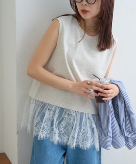【チャオパニックティピー/CIAOPANIC TYPY】の【+1で着映え】裾レースノースリーブTee 大人の最旬トレンドファッション＆コーディネート founy(ファウニー) ファッション Fashion レディースファッション Fashion for Women トップス・カットソー Cut & Sew Tops キャミソール&ノースリーブ Camisoles & Sleeveless Tops インナー Innerwear カーディガン Cardigan, Knitwear ギャザー Gathered, Ruffled シアー Sheer, See-Through スラックス Slacks, Dress Pants デニム Denim, Jeans Material ドッキング Docking, Mixed Material ノースリーブ Sleeveless, No-Sleeve レース Lace, Lace Fabric ワイド Wide, Wide Fit おすすめ Recommended / Our Picks エレガント 上品 Elegant |ID:prp329100004985017