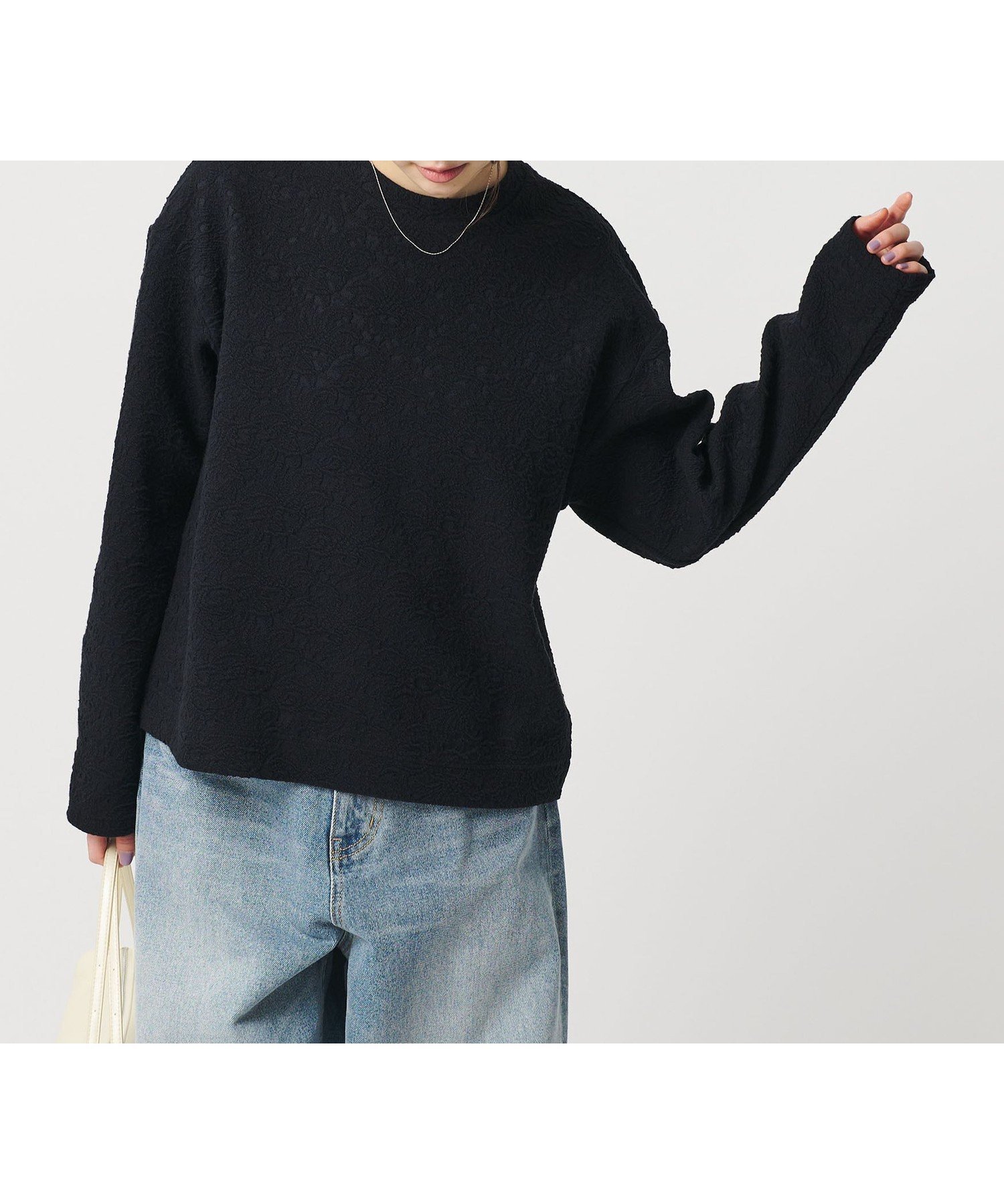 【ビューティ&ユース ユナイテッドアローズ/BEAUTY&YOUTH / UNITED ARROWS】のジャガード クルーネック プルオーバー インテリア・キッズ・メンズ・レディースファッション・服の通販 founy(ファウニー) 　ファッション　Fashion　レディースファッション　Fashion for Women　トップス・カットソー　Cut & Sew Tops　カジュアルプルオーバー・ニットトップス　Pullovers & Knit Tops / Casual Pullovers　カットソー　Cut and Sewn Top　スウェット / スエット　Sweatshirt, Sweatwear　フォルム　Silhouette, Form　ボトム　Bottoms, Lower Wear　モザイク　Mosaic, Geometric Pattern　リラックス　Relax, Relaxed Fit　レース　Lace, Lace Fabric　おすすめ　Recommended / Our Picks　エレガント 上品　Elegant　BLACK|ID: prp329100004985065 ipo3291000000037342295