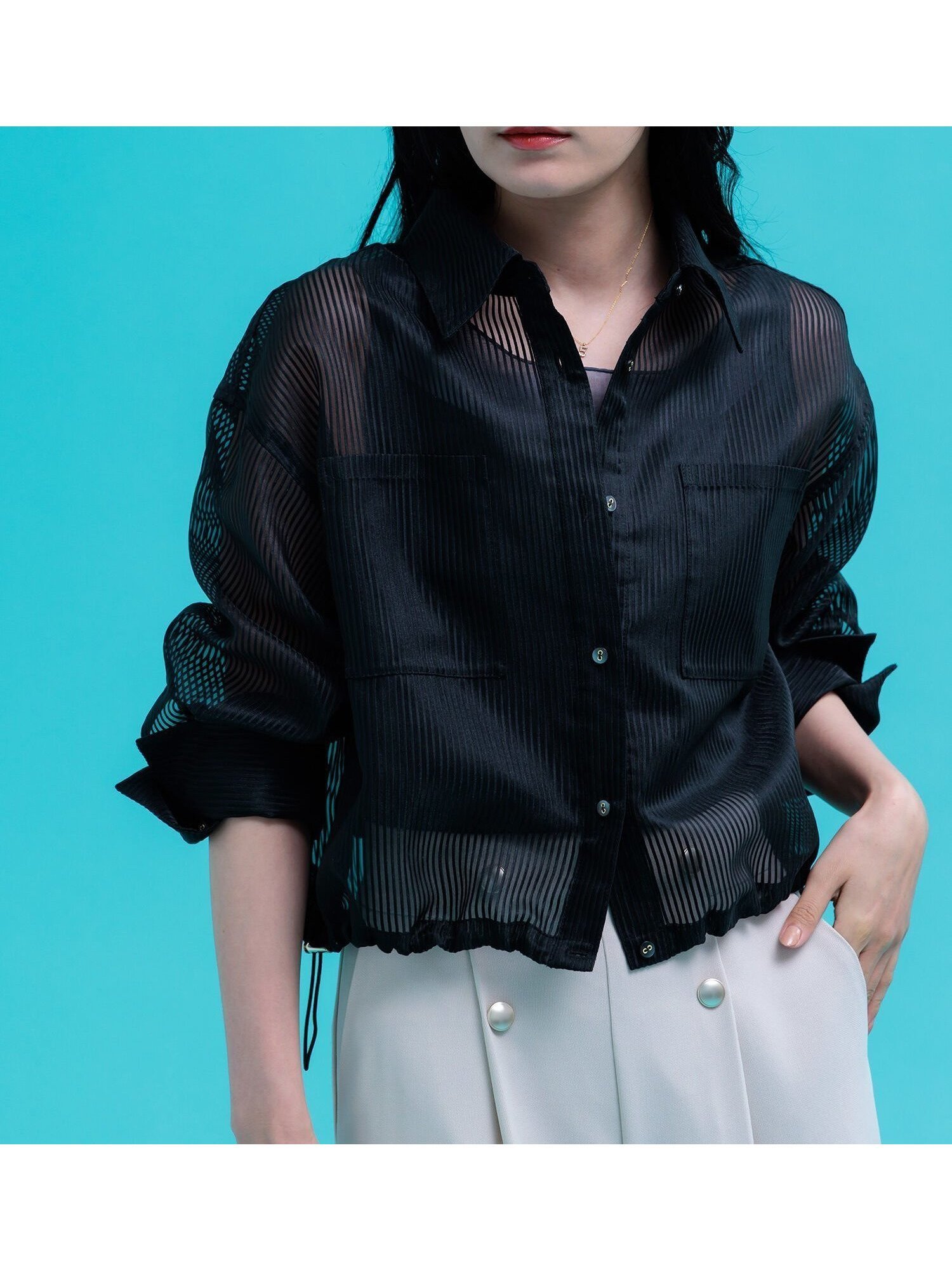 【テチチ/Te chichi】のシアーコードストライプシャツ インテリア・キッズ・メンズ・レディースファッション・服の通販 founy(ファウニー) 　ファッション　Fashion　レディースファッション　Fashion for Women　トップス・カットソー　Cut & Sew Tops　シャツ・ブラウス・オフィスカジュアル　Elegant Blouses & Button-Ups　おすすめ　Recommended / Our Picks　エアリー　Airy Texture　ストライプ　Stripe, Striped Pattern　タンク　Tank Top, Sleeveless Top　デニム　Denim, Jeans Material　ドローストリング　Drawstring, Pull Cord　ベーシック　Basic, Essential　リラックス　Relax, Relaxed Fit　ワイド　Wide, Wide Fit　ブラック|ID: prp329100004985079 ipo3291000000037342357