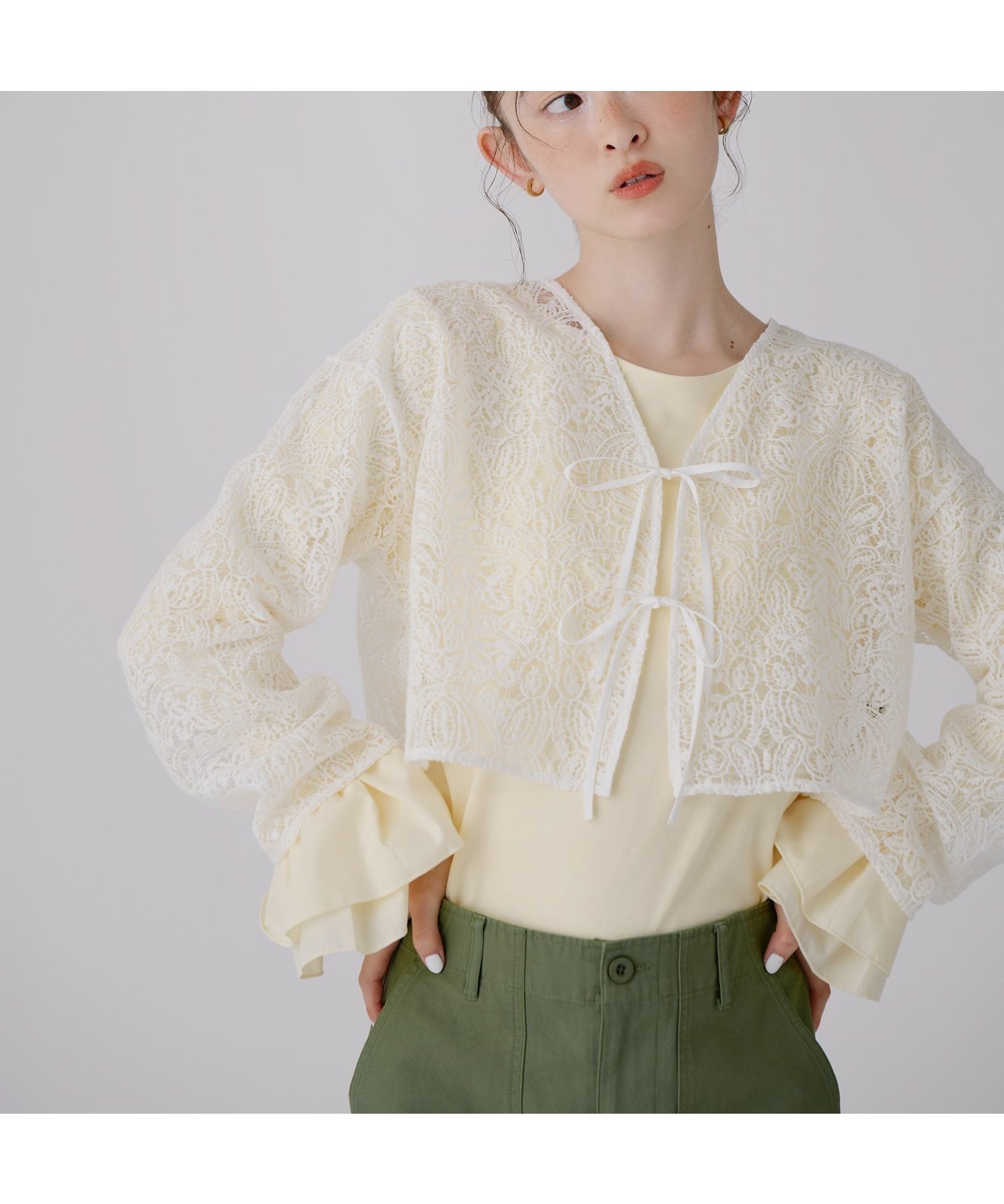 【ナチュラル ビューティー ベーシック/NATURAL BEAUTY BASIC】のN. レース羽織ブラウス インテリア・キッズ・メンズ・レディースファッション・服の通販 founy(ファウニー) 　ファッション　Fashion　レディースファッション　Fashion for Women　トップス・カットソー　Cut & Sew Tops　シャツ・ブラウス・オフィスカジュアル　Elegant Blouses & Button-Ups　カットソー　Cut and Sewn Top　ショート　Short, Short Length　フロント　Front, Front Design　メッシュ　Mesh, Net Fabric　リボン　Ribbon, Bow　レース　Lace, Lace Fabric　春　Spring　羽織　Haori, Light Jacket　オフホワイト1|ID: prp329100004985100 ipo3291000000037342465