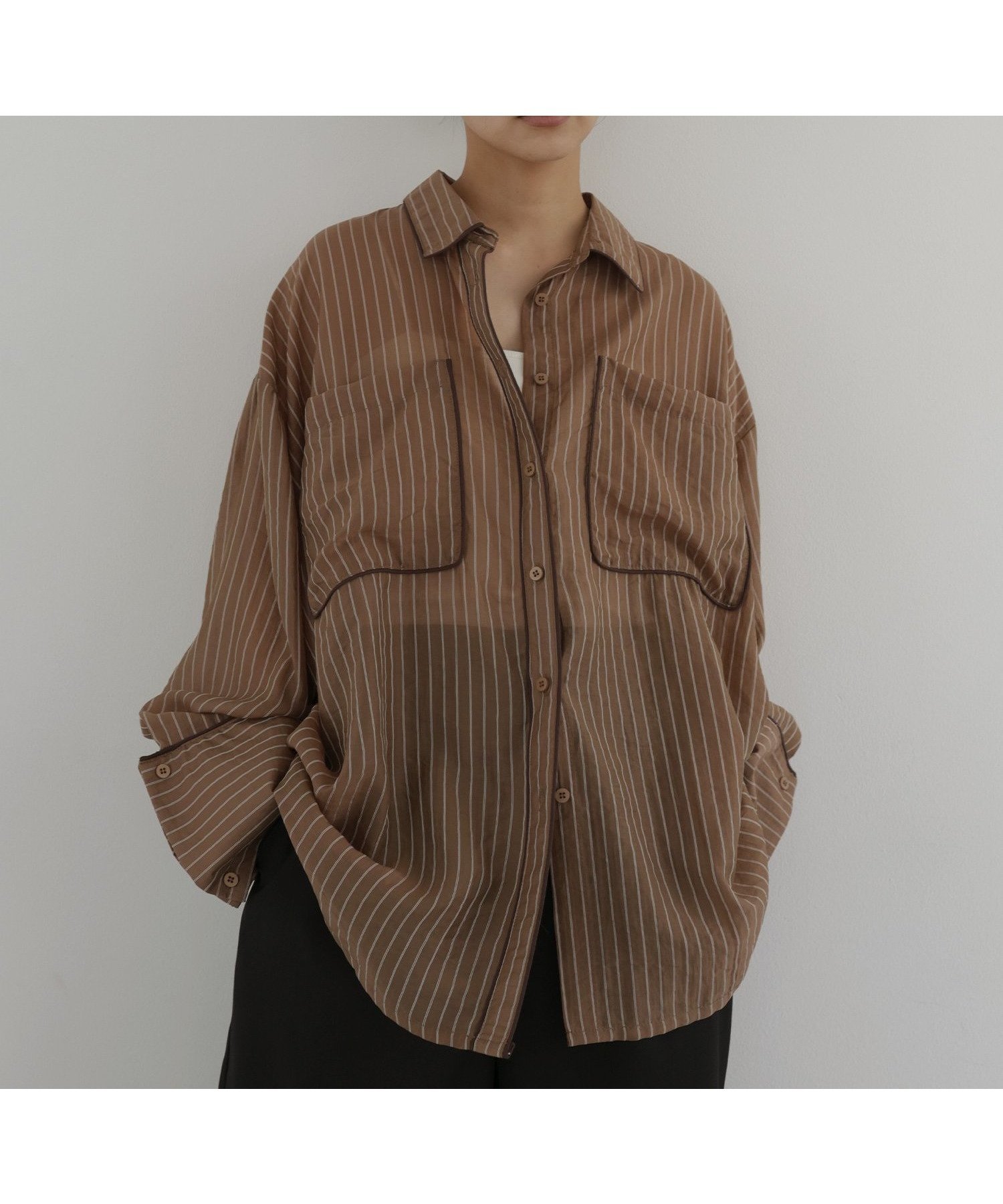 【ヘラム/hellam】の配色パイピング オーバーサイズシアーシャツ インテリア・キッズ・メンズ・レディースファッション・服の通販 founy(ファウニー) 　ファッション　Fashion　レディースファッション　Fashion for Women　トップス・カットソー　Cut & Sew Tops　シャツ・ブラウス・オフィスカジュアル　Elegant Blouses & Button-Ups　パイピング　Piping, Trim Design　人気　Popular, Best Seller　ブラウン|ID: prp329100004985131 ipo3291000000037365867