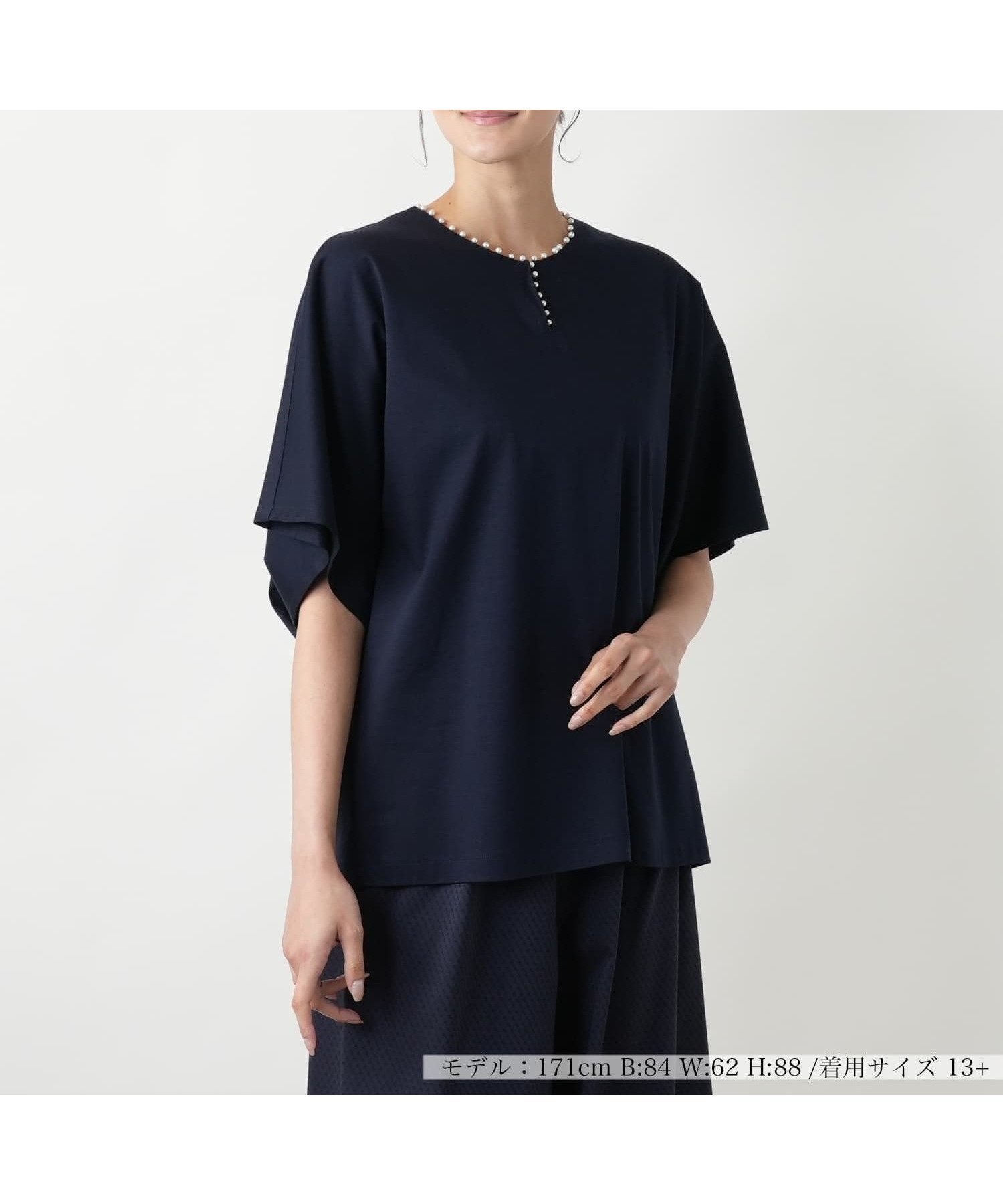 【レリアンプラスハウス/Leilian PLUS HOUSE】のパール調ビジューカットソー【BOURGE】 インテリア・キッズ・メンズ・レディースファッション・服の通販 founy(ファウニー) 　ファッション　Fashion　レディースファッション　Fashion for Women　トップス・カットソー　Cut & Sew Tops　カットソー・ベーシックTシャツ　Cut-and-Sewn Tops / Stretch Tees & Basics　ウォッシャブル　Machine Washable　カットソー　Cut and Sewn Top　スキッパー　Skipper, Open Collar　パール　Pearl, Pearl Accent　ビジュー　Bijou, Jewel-like Accent　フロント　Front, Front Design　ポケット　Pocket, Pocket Detail　ループ　Loop, Loop Knit　夏　Summer　ネイビー|ID: prp329100004985488 ipo3291000000037345067