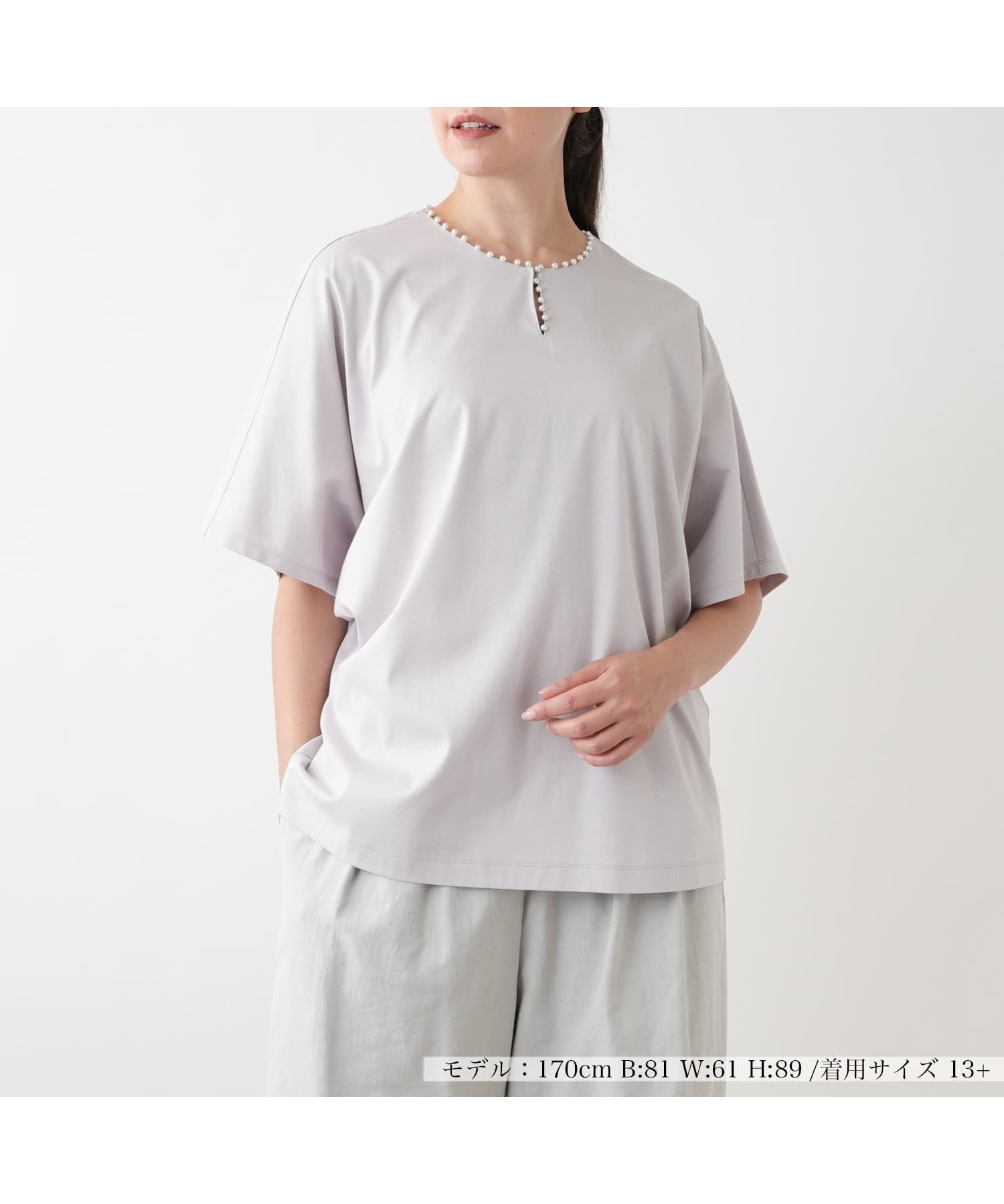 【レリアンプラスハウス/Leilian PLUS HOUSE】のパール調ビジューカットソー【BOURGE】 インテリア・キッズ・メンズ・レディースファッション・服の通販 founy(ファウニー) 　ファッション　Fashion　レディースファッション　Fashion for Women　トップス・カットソー　Cut & Sew Tops　カットソー・ベーシックTシャツ　Cut-and-Sewn Tops / Stretch Tees & Basics　ウォッシャブル　Machine Washable　カットソー　Cut and Sewn Top　スキッパー　Skipper, Open Collar　パール　Pearl, Pearl Accent　ビジュー　Bijou, Jewel-like Accent　フロント　Front, Front Design　ポケット　Pocket, Pocket Detail　ループ　Loop, Loop Knit　夏　Summer　ピンク|ID: prp329100004985488 ipo3291000000037345068