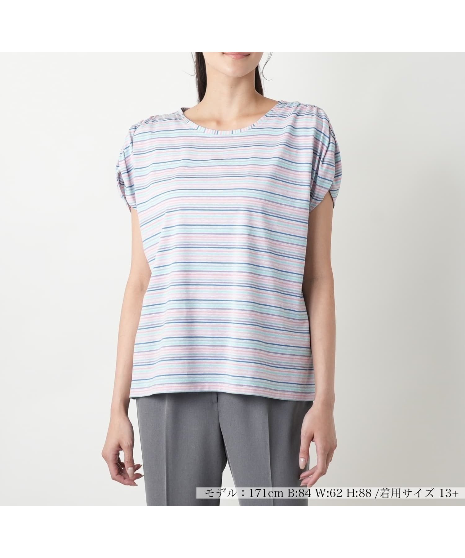 【レリアンプラスハウス/Leilian PLUS HOUSE】のマルチボーダーカットソー【MUSE BY ROCHAS Premiere】 インテリア・キッズ・メンズ・レディースファッション・服の通販 founy(ファウニー) 　ファッション　Fashion　レディースファッション　Fashion for Women　トップス・カットソー　Cut & Sew Tops　カットソー・ベーシックTシャツ　Cut-and-Sewn Tops / Stretch Tees & Basics　ウォッシャブル　Machine Washable　カットソー　Cut and Sewn Top　シャーリング　Shirring, Ruched　シンプル　Simple, Minimal　スリーブ　Sleeve, Long Sleeve / Short Sleeve　ボーダー　Border, Stripe　ポケット　Pocket, Pocket Detail　リラックス　Relax, Relaxed Fit　夏　Summer　ピンク|ID: prp329100004985492 ipo3291000000037345080