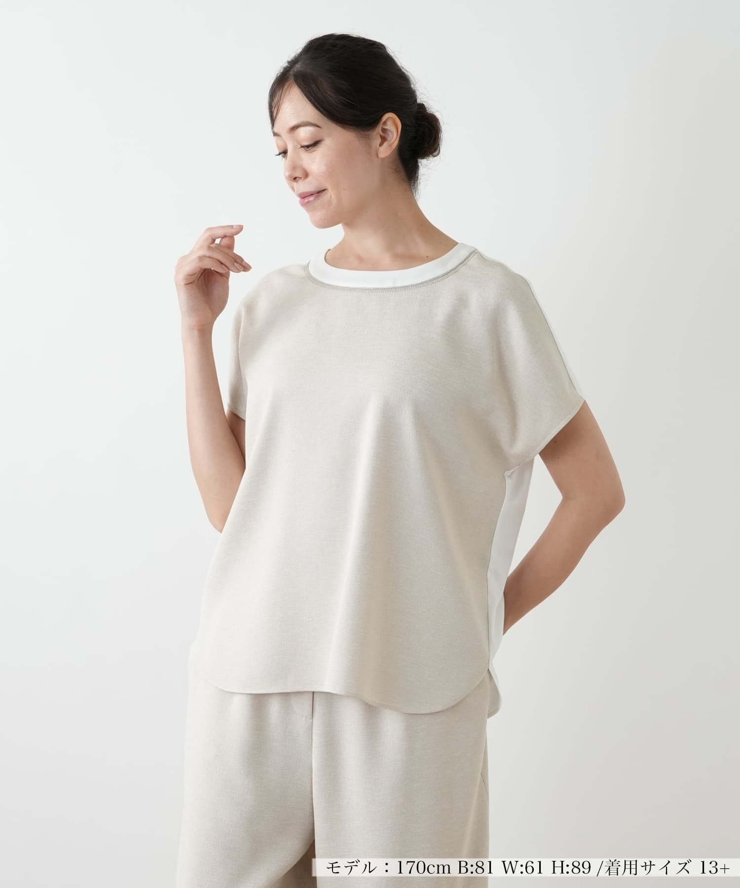 【レリアンプラスハウス/Leilian PLUS HOUSE】の【店舗人気】異素材切替カットソー インテリア・キッズ・メンズ・レディースファッション・服の通販 founy(ファウニー) 　ファッション　Fashion　レディースファッション　Fashion for Women　トップス・カットソー　Cut & Sew Tops　カットソー・ベーシックTシャツ　Cut-and-Sewn Tops / Stretch Tees & Basics　アクセサリー　Fashion Accessories　ウォッシャブル　Machine Washable　カットソー　Cut and Sewn Top　スパンコール　Sequins, Sequin Embellishment　セットアップ　Set-Up, Coordinated Outfit　フロント　Front, Front Design　ポケット　Pocket, Pocket Detail　エレガント 上品　Elegant　人気　Popular, Best Seller　切替　Switching, Contrast Panel　ベージュ|ID: prp329100004985503 ipo3291000000037345122