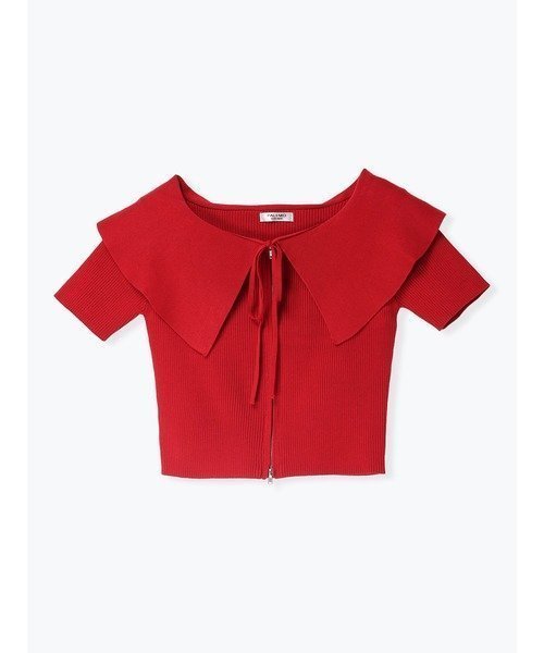 【ルディックパーク/LUDIC PARK】のビッグカラーリブトップス インテリア・キッズ・メンズ・レディースファッション・服の通販 founy(ファウニー) 　ファッション　Fashion　レディースファッション　Fashion for Women　トップス・カットソー　Cut & Sew Tops　ダブル　Double, Double-Breasted　ビッグ　Big, Oversized　フレア　Flare, Flared　フロント　Front, Front Design　赤|ID: prp329100004985508 ipo3291000000037345140