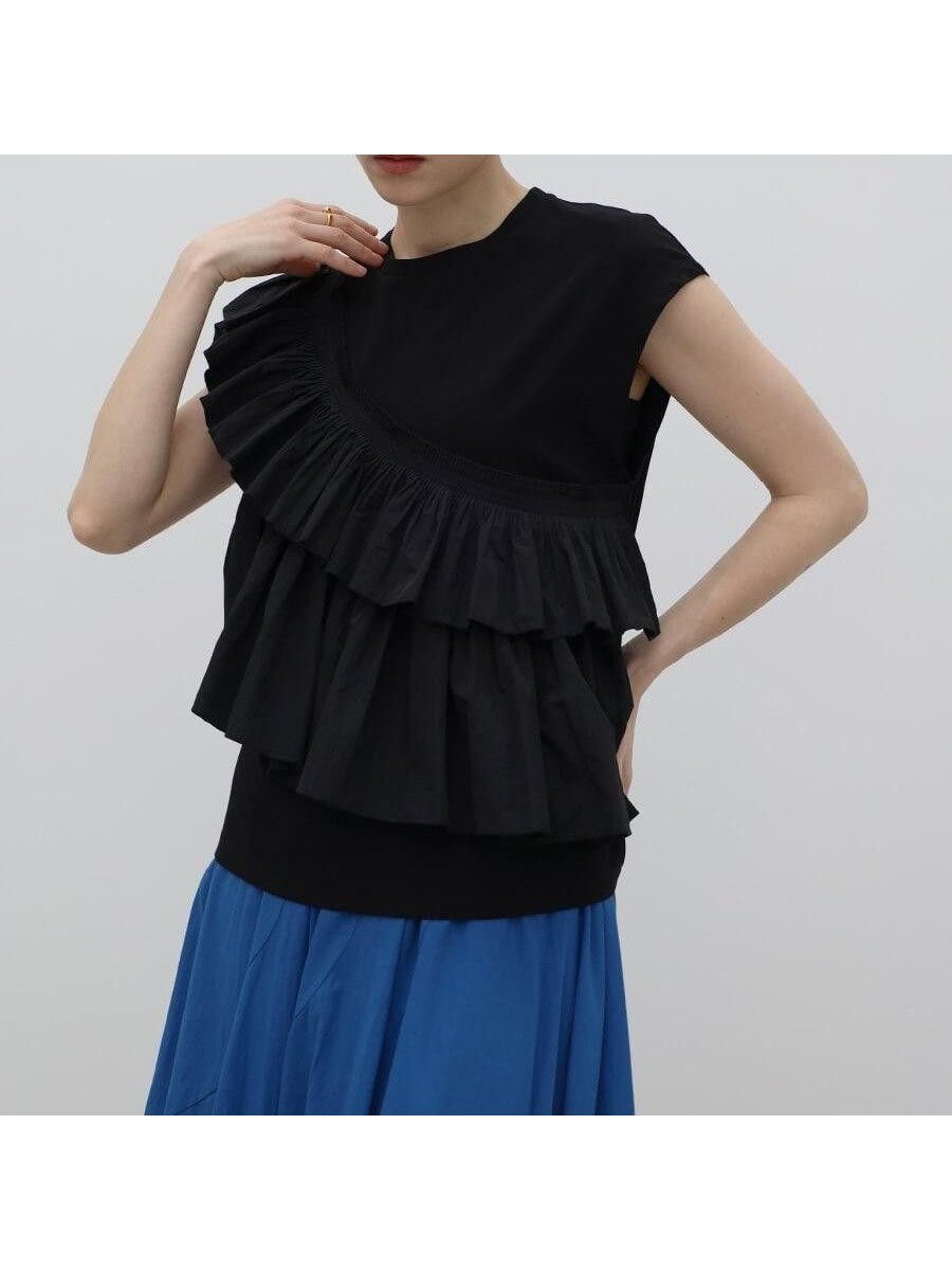 【ラシュッド/LASUD】のアシメフリルドッキングカットソー インテリア・キッズ・メンズ・レディースファッション・服の通販 founy(ファウニー) 　ファッション　Fashion　レディースファッション　Fashion for Women　トップス・カットソー　Cut & Sew Tops　カットソー・ベーシックTシャツ　Cut-and-Sewn Tops / Stretch Tees & Basics　シンプル　Simple, Minimal　ドッキング　Docking, Mixed Material　フリル　Frill, Ruffle　ボトム　Bottoms, Lower Wear　エレガント 上品　Elegant　ブラック|ID: prp329100004985534 ipo3291000000037345269