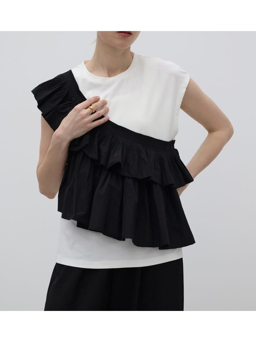 【ラシュッド/LASUD】のアシメフリルドッキングカットソー インテリア・キッズ・メンズ・レディースファッション・服の通販 founy(ファウニー) 　ファッション　Fashion　レディースファッション　Fashion for Women　トップス・カットソー　Cut & Sew Tops　カットソー・ベーシックTシャツ　Cut-and-Sewn Tops / Stretch Tees & Basics　シンプル　Simple, Minimal　ドッキング　Docking, Mixed Material　フリル　Frill, Ruffle　ボトム　Bottoms, Lower Wear　エレガント 上品　Elegant　オフホワイト|ID: prp329100004985534 ipo3291000000037345270