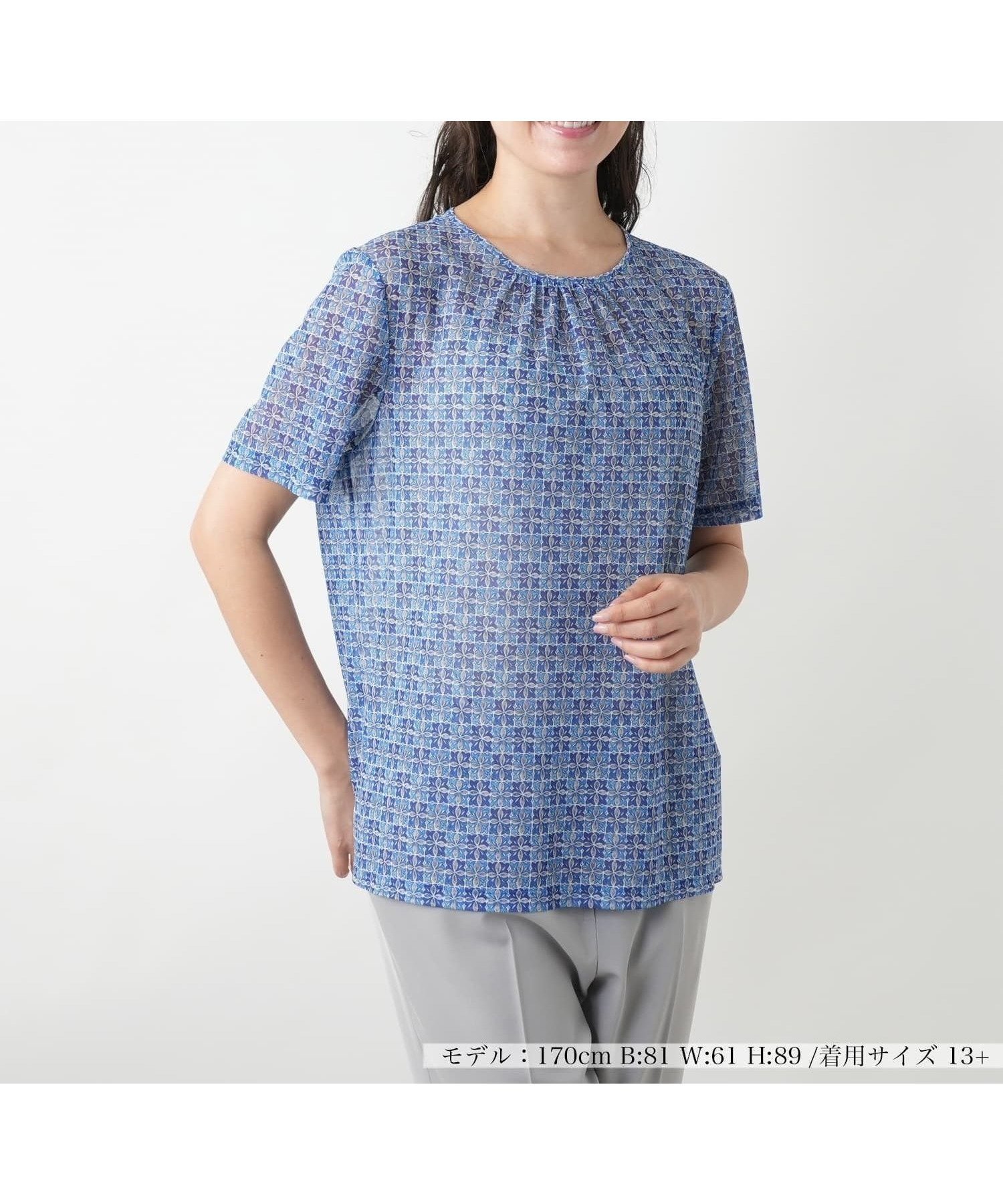 【レリアンプラスハウス/Leilian PLUS HOUSE】の幾何学柄クルーネックカットソー【ROCHAS Premiere】【ERICA】 大人の最旬トレンドファッション＆コーディネート founy(ファウニー) 　ファッション　Fashion　レディースファッション　Fashion for Women　トップス・カットソー　Cut & Sew Tops　カットソー・ベーシックTシャツ　Cut-and-Sewn Tops / Stretch Tees & Basics　ウォッシャブル　Machine Washable　ギャザー　Gathered, Ruffled　パターン　Pattern, Design Print　フィット　Fit, Slim Fit　ポケット　Pocket, Pocket Detail　モダン　Modern, Contemporary　ループ　Loop, Loop Knit　夏　Summer　 other-1|ID: prp329100004985565 ipo3291000000037345503