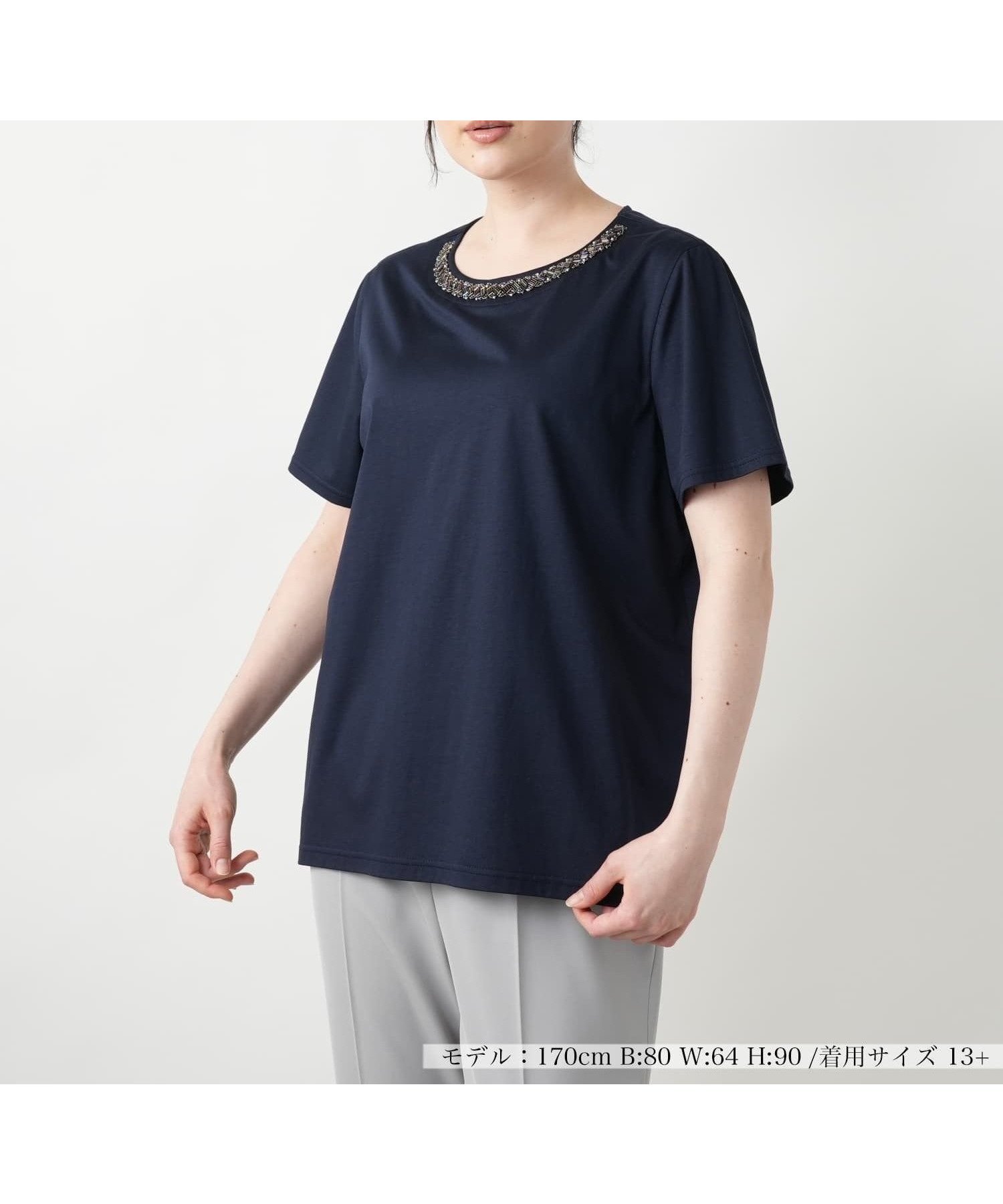【レリアンプラスハウス/Leilian PLUS HOUSE】の【店舗人気】ビジューネックカットソー インテリア・キッズ・メンズ・レディースファッション・服の通販 founy(ファウニー) 　ファッション　Fashion　レディースファッション　Fashion for Women　トップス・カットソー　Cut & Sew Tops　カットソー・ベーシックTシャツ　Cut-and-Sewn Tops / Stretch Tees & Basics　インナー　Innerwear　ウォッシャブル　Machine Washable　エレガント 上品　Elegant　カットソー　Cut and Sewn Top　シンプル　Simple, Minimal　ジャケット　Jacket, Outerwear　ビジュー　Bijou, Jewel-like Accent　ポケット　Pocket, Pocket Detail　人気　Popular, Best Seller　夏　Summer　ネイビー|ID: prp329100004985568 ipo3291000000037345516