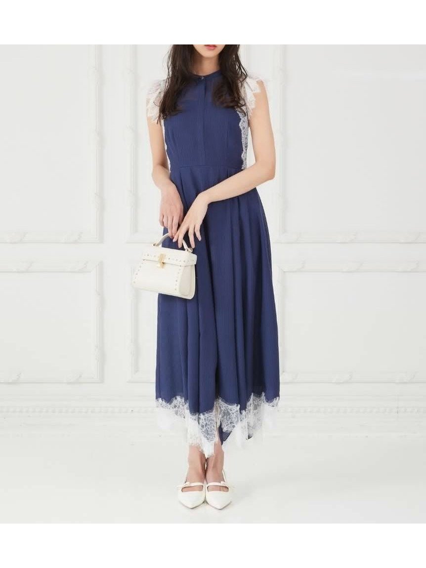 【セルフォード/CELFORD】のストライプレーストリムワンピース インテリア・キッズ・メンズ・レディースファッション・服の通販 founy(ファウニー) 　ファッション　Fashion　レディースファッション　Fashion for Women　ワンピース　Dresses　おすすめ　Recommended / Our Picks　ウェーブ　Wavy Pattern　オーガンジー　Organza Fabric　ギャザー　Gathered, Ruffled　シフォン　Chiffon, Lightweight Fabric　スカラップ　Scallop, Scalloped Edge　ストライプ　Stripe, Striped Pattern　ストレート　Straight, Straight Cut　スマート　Smart, Elegant　リボン　Ribbon, Bow　レース　Lace, Lace Fabric　NVY[089]|ID: prp329100004985624 ipo3291000000037345811