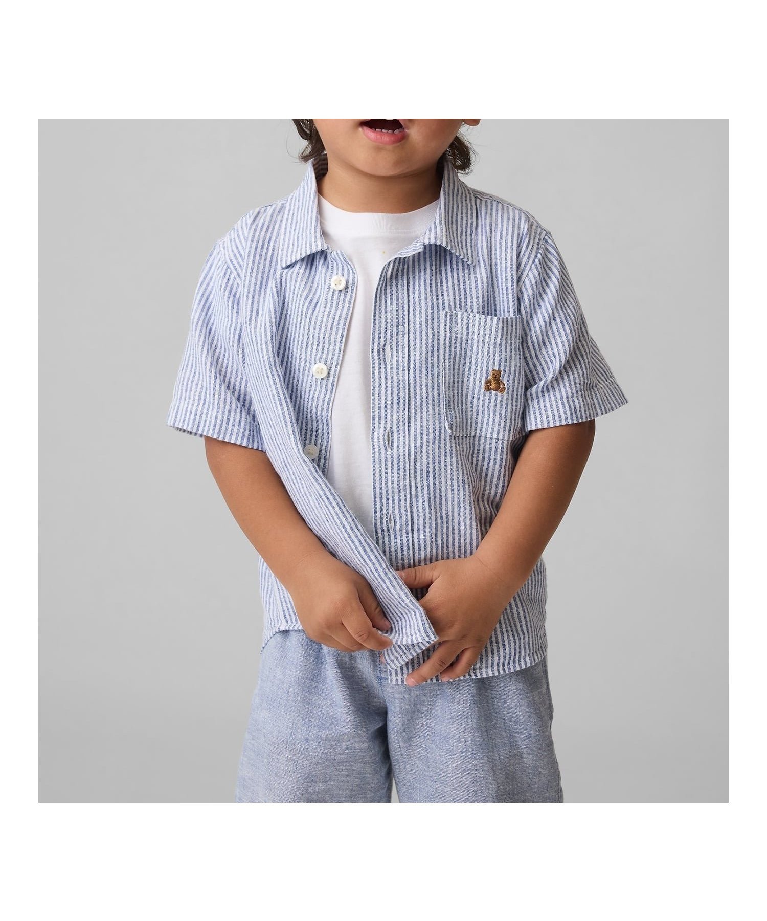 【ギャップ/GAP / KIDS】のコットンリネンシャツ (幼児・ベビー) 大人の最旬トレンドファッション＆コーディネート founy(ファウニー) 　ファッション　Fashion　キッズファッション　Fashion for Kids　ストライプ　Stripe, Striped Pattern　パッチ　Patch, Appliqué　フィット　Fit, Slim Fit　フロント　Front, Front Design　ベビー　Baby, Babywear　ポケット　Pocket, Pocket Detail　リネン　Linen, Linen Fabric　リラックス　Relax, Relaxed Fit　半袖　Short Sleeve, Half Sleeve　 other-1|ID: prp329100004985702 ipo3291000000037346265