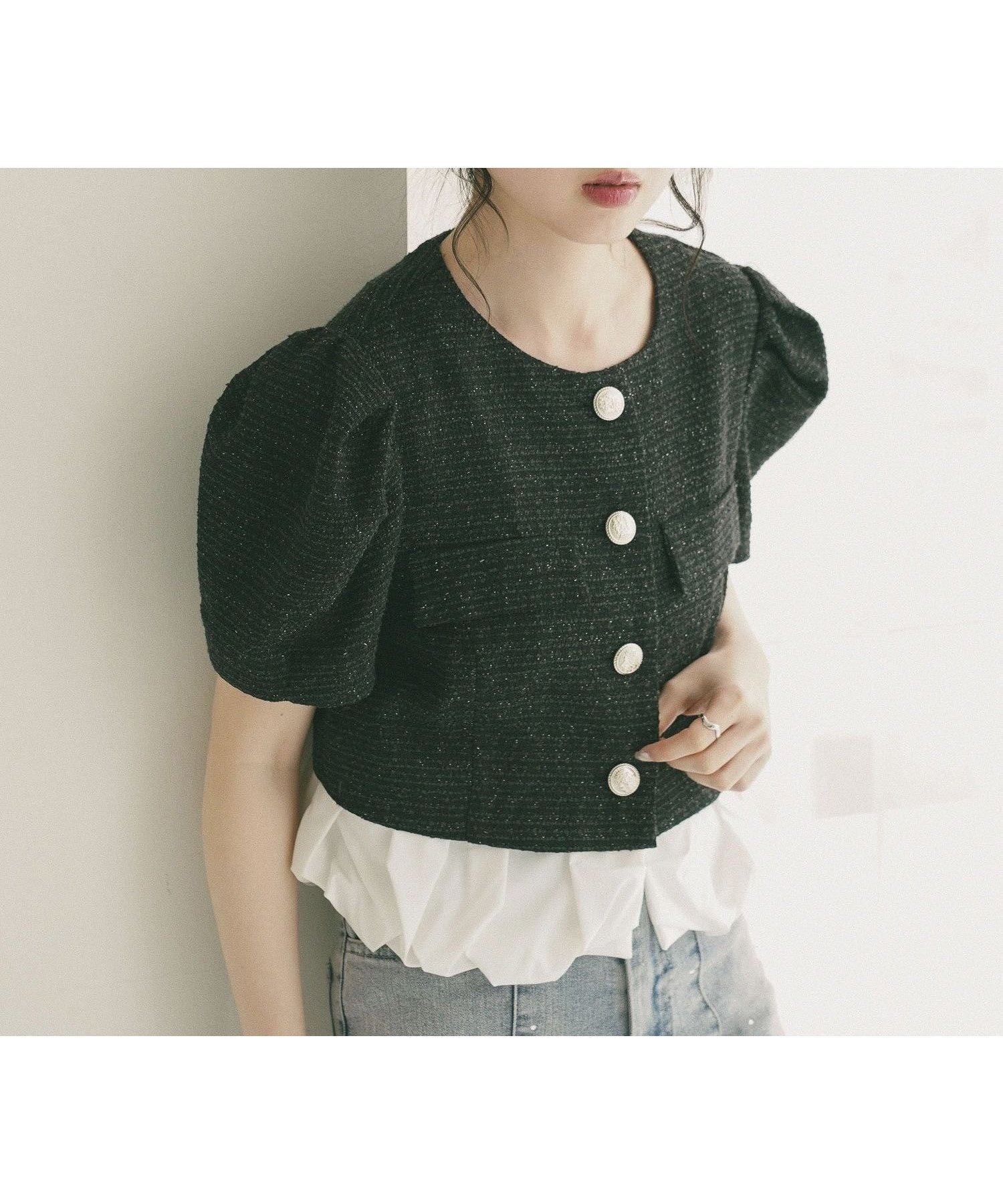 【ヘザー/Heather】のフリルヘムショートジャケット(半袖) インテリア・キッズ・メンズ・レディースファッション・服の通販 founy(ファウニー) 　ファッション　Fashion　レディースファッション　Fashion for Women　アウター　Coat / Outerwear Collection　レディースジャケット・軽アウター　Jackets　おすすめ　Recommended / Our Picks　サマー　Summer, Summer Style　ジャケット　Jacket, Outerwear　ツイード　Twill, Twill Weave　トレンド　Trend, Trending Now　バルーン　Balloon, Balloon Silhouette　フェミニン　Feminine, Girly　フリル　Frill, Ruffle　エレガント 上品　Elegant　半袖　Short Sleeve, Half Sleeve　夏　Summer　ブラック|ID: prp329100004986151 ipo3291000000037348689