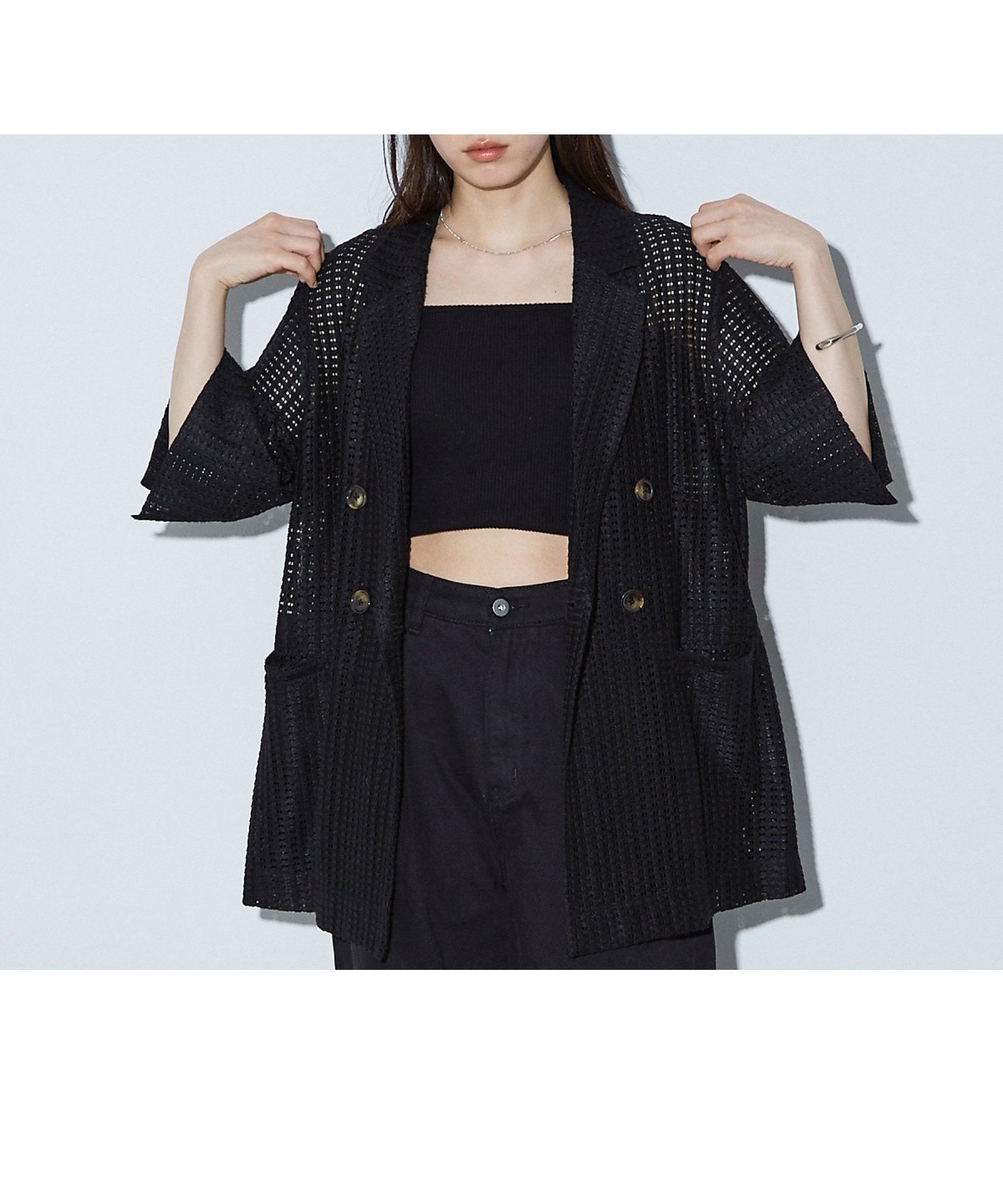 【ノミネ/NOMINE】のハーフスリーブ ダブルジャケット インテリア・キッズ・メンズ・レディースファッション・服の通販 founy(ファウニー) 　ファッション　Fashion　レディースファッション　Fashion for Women　アウター　Coat / Outerwear Collection　レディースジャケット・軽アウター　Jackets　ジャケット　Jacket, Outerwear　スリーブ　Sleeve, Long Sleeve / Short Sleeve　ダブル　Double, Double-Breasted　ハーフ　Half, Half-Length　レース　Lace, Lace Fabric　今季　This Season, Current Season　半袖　Short Sleeve, Half Sleeve　夏　Summer　羽織　Haori, Light Jacket　ブラック系その他2|ID: prp329100004986152 ipo3291000000037348694