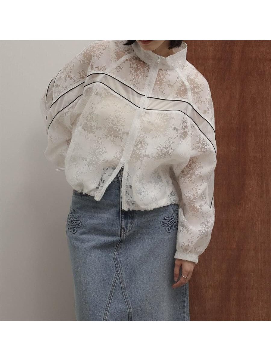 【ラシュッド/LASUD】のフラワージャガードラインシアーブルゾン インテリア・キッズ・メンズ・レディースファッション・服の通販 founy(ファウニー) 　ファッション　Fashion　レディースファッション　Fashion for Women　アウター　Coat / Outerwear Collection　ブルゾンジャケット・スポーティアウター　Blouson Jackets　シアー　Sheer, See-Through　スタンド　Stand Collar, Upright Stand　デニム　Denim, Jeans Material　フェミニン　Feminine, Girly　ブルゾン　Blouson, Bomber Jacket　ボトム　Bottoms, Lower Wear　ライナー　Liner, Inner Layer　ワイド　Wide, Wide Fit　おすすめ　Recommended / Our Picks　ホワイト|ID: prp329100004986176 ipo3291000000037348809