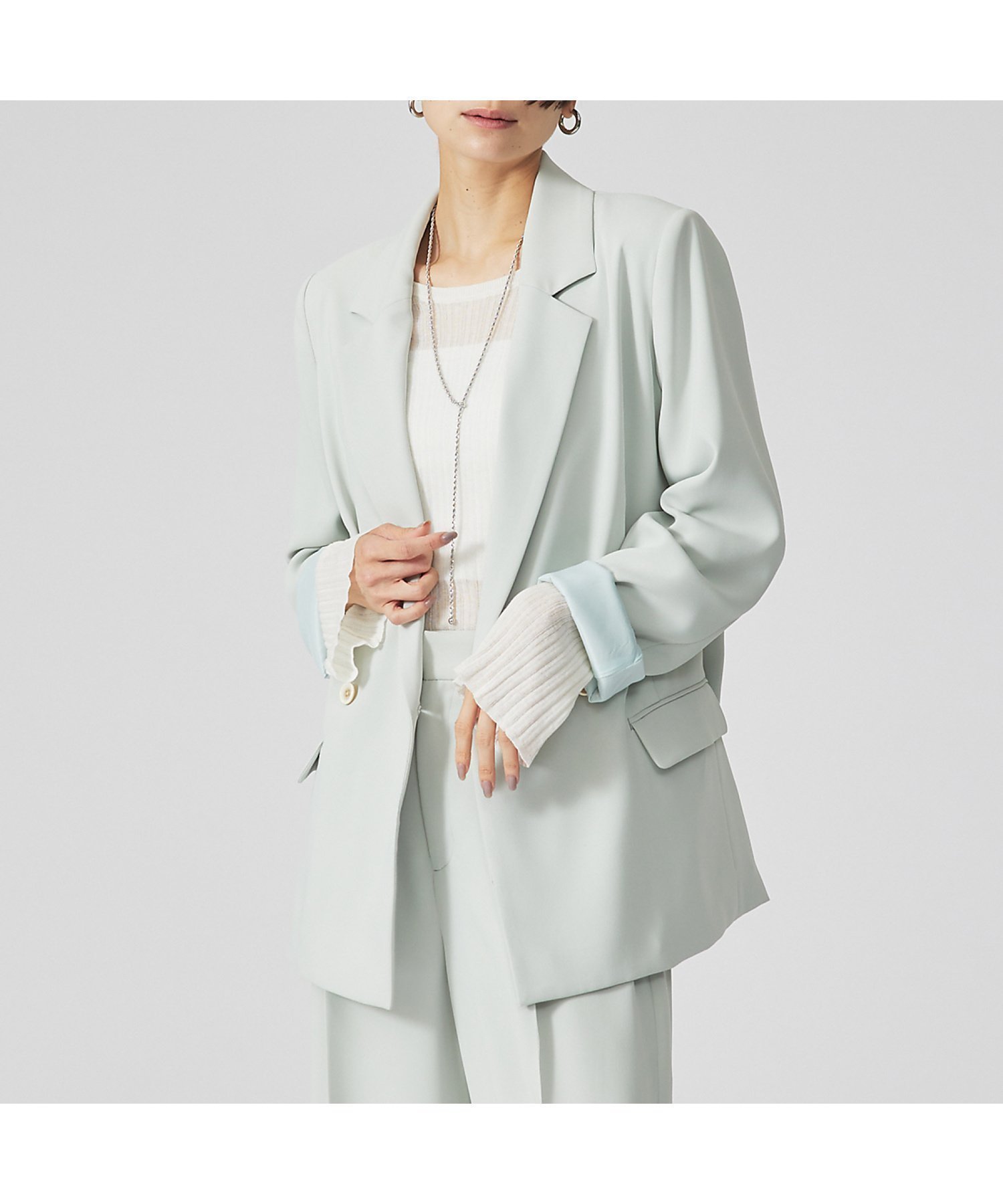 【カリテ/qualite】の【セットアップ対応】マットサテンダブルジャケット インテリア・キッズ・メンズ・レディースファッション・服の通販 founy(ファウニー) 　ファッション　Fashion　レディースファッション　Fashion for Women　アウター　Coat / Outerwear Collection　レディースジャケット・軽アウター　Jackets　おすすめ　Recommended / Our Picks　クール　Cool, Chic　ジャケット　Jacket, Outerwear　セットアップ　Set-Up, Coordinated Outfit　ボックス　Boxy, Box Shape　ボーダー　Border, Stripe　セージグリーン|ID: prp329100004986199 ipo3291000000037348941