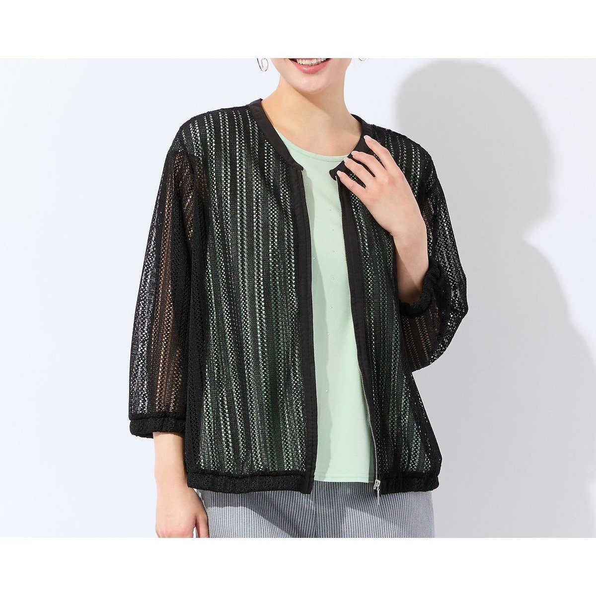 【ミゼール/MISSEL】の【洗える】レーシーブルゾン インテリア・キッズ・メンズ・レディースファッション・服の通販 founy(ファウニー) 　ファッション　Fashion　レディースファッション　Fashion for Women　アウター　Coat / Outerwear Collection　ブルゾンジャケット・スポーティアウター　Blouson Jackets　イエロー　Yellow　エレガント 上品　Elegant　洗える　Machine Washable　ストライプ　Stripe, Striped Pattern　スポーティ　Sporty, Casual Athletic　デニム　Denim, Jeans Material　ブルゾン　Blouson, Bomber Jacket　ラッセル　Raschel, Raschel Lace　レース　Lace, Lace Fabric　おすすめ　Recommended / Our Picks　ブラック|ID: prp329100004986245 ipo3291000000037349355