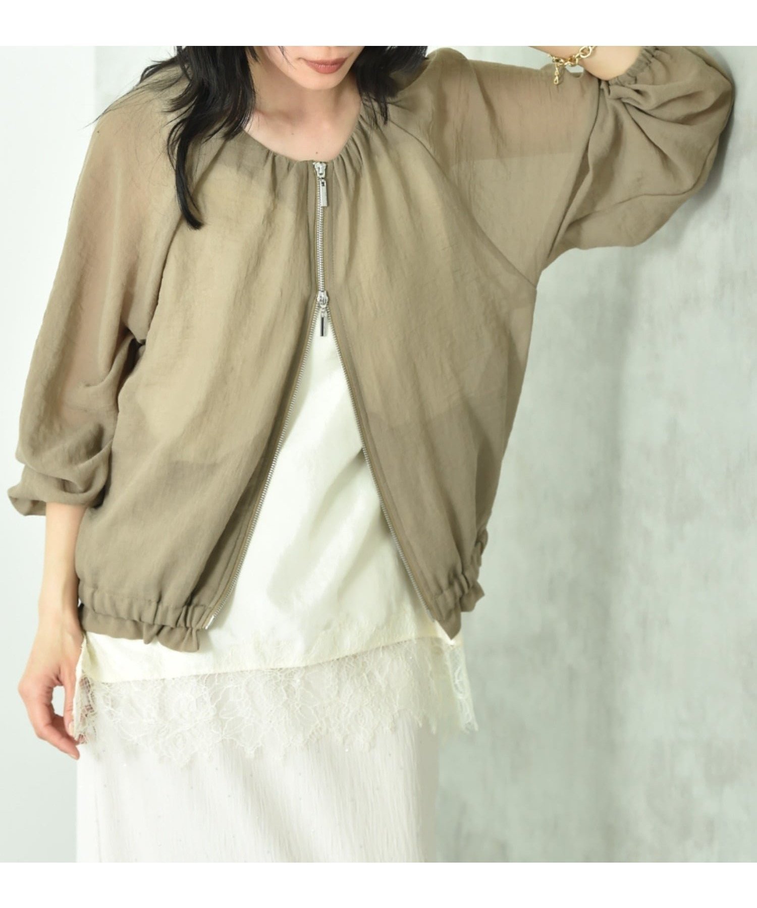 【インタープラネット/INTERPLANET】のノーカラーEボイルブルゾン インテリア・キッズ・メンズ・レディースファッション・服の通販 founy(ファウニー) 　ファッション　Fashion　レディースファッション　Fashion for Women　アウター　Coat / Outerwear Collection　ブルゾンジャケット・スポーティアウター　Blouson Jackets　ギャザー　Gathered, Ruffled　シアー　Sheer, See-Through　ブルゾン　Blouson, Bomber Jacket　ベーシック　Basic, Essential　リラックス　Relax, Relaxed Fit　羽織　Haori, Light Jacket　カーキ|ID: prp329100004986279 ipo3291000000037349484