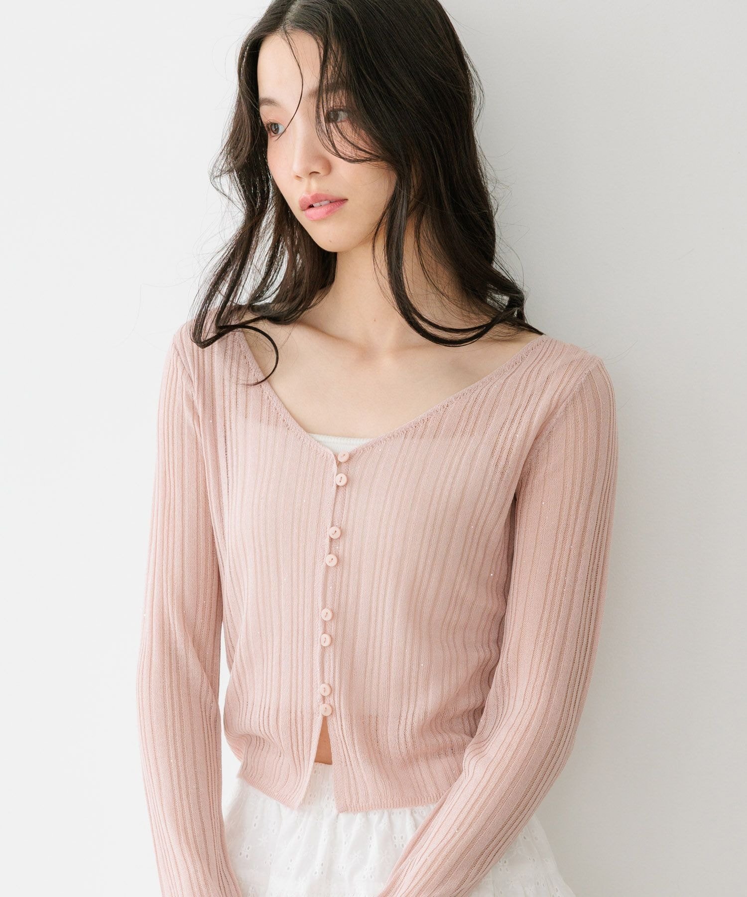 【ヘザー/Heather】のシアースパンコールカーディガン インテリア・キッズ・メンズ・レディースファッション・服の通販 founy(ファウニー) 　ファッション　Fashion　レディースファッション　Fashion for Women　トップス・カットソー　Cut & Sew Tops　カーディガン・羽織り　Layered Style Cardigans　おすすめ　Recommended / Our Picks　インナー　Innerwear　キャミワンピース　Cami Dress, Slip Dress　コンパクト　Compact, Small Size　シンプル　Simple, Minimal　スパンコール　Sequins, Sequin Embellishment　春　Spring　ピンク|ID: prp329100004986307 ipo3291000000037349622
