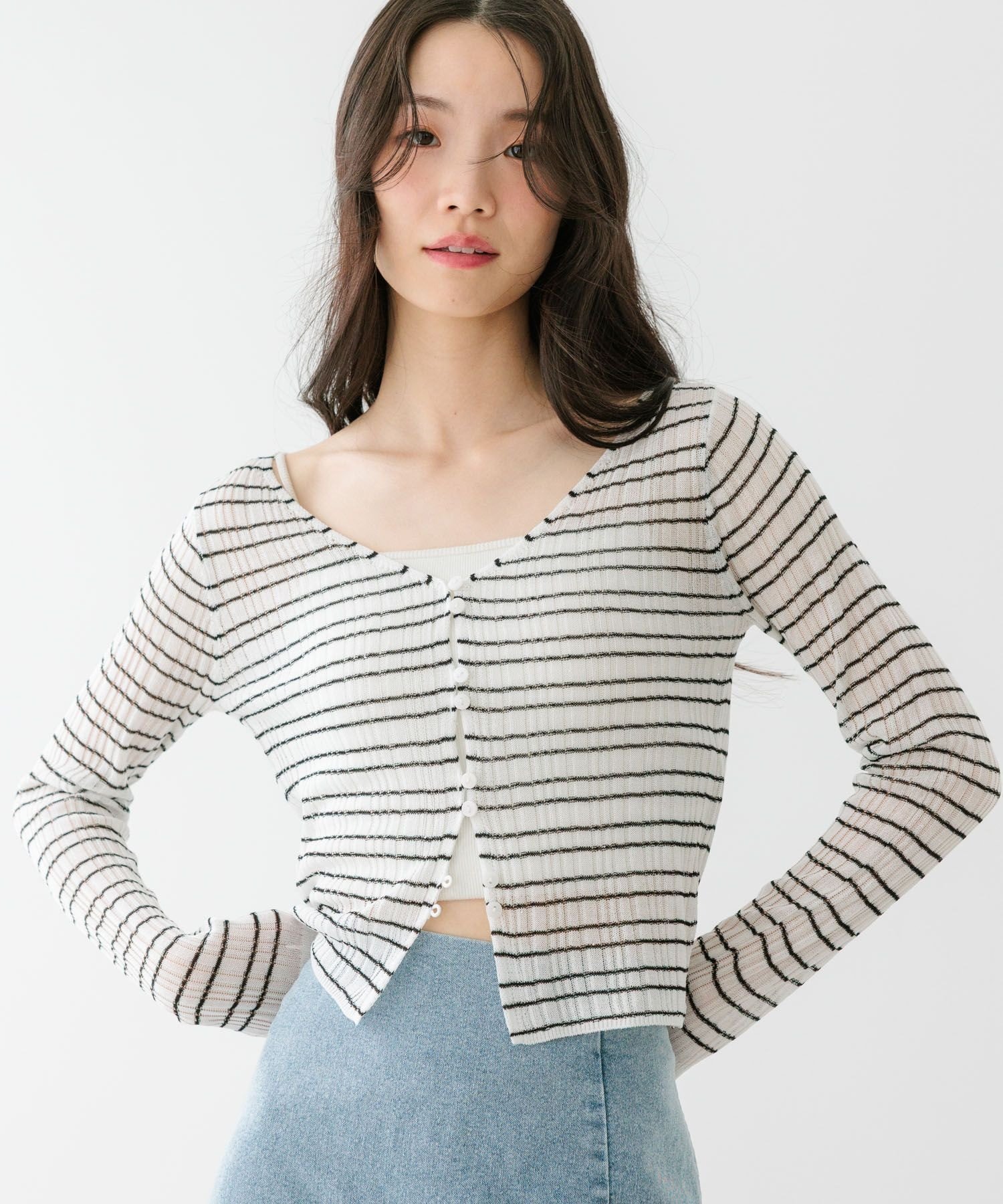 【ヘザー/Heather】のシアースパンコールカーディガン インテリア・キッズ・メンズ・レディースファッション・服の通販 founy(ファウニー) 　ファッション　Fashion　レディースファッション　Fashion for Women　トップス・カットソー　Cut & Sew Tops　カーディガン・羽織り　Layered Style Cardigans　おすすめ　Recommended / Our Picks　インナー　Innerwear　キャミワンピース　Cami Dress, Slip Dress　コンパクト　Compact, Small Size　シンプル　Simple, Minimal　スパンコール　Sequins, Sequin Embellishment　春　Spring　ボーダー|ID: prp329100004986307 ipo3291000000037349624