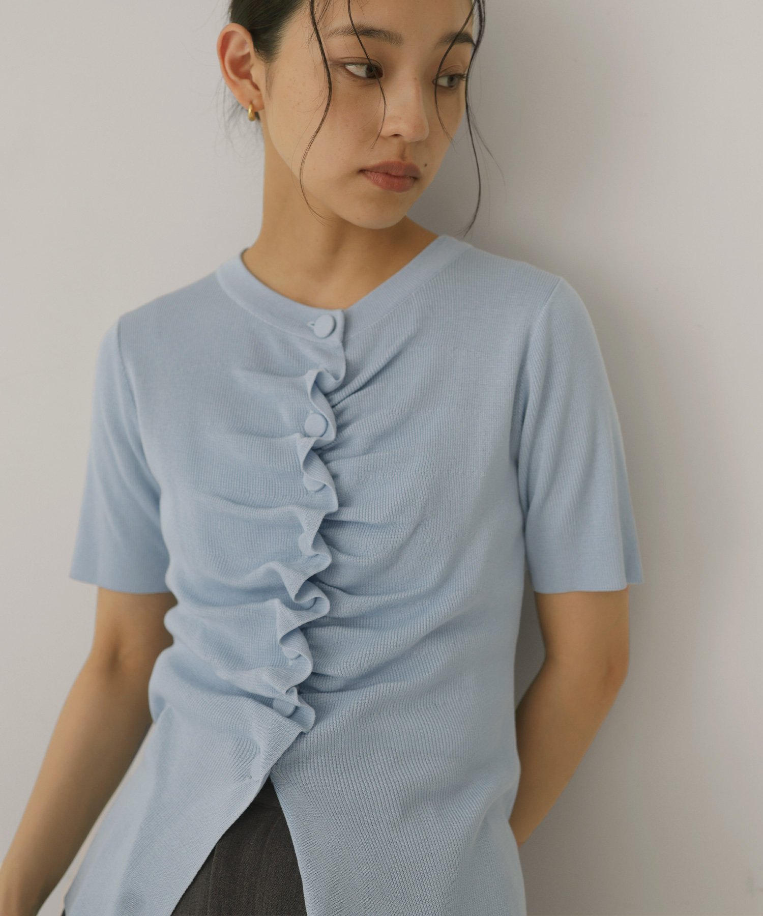 【ヘラム/hellam】のフロントギャザーニット半袖トップス インテリア・キッズ・メンズ・レディースファッション・服の通販 founy(ファウニー) 　ファッション　Fashion　レディースファッション　Fashion for Women　トップス・カットソー　Cut & Sew Tops　ニット　Knit Tops & Sweaters　冬　Winter / This Winter　半袖　Short Sleeve, Half Sleeve　夏　Summer　春　Spring　S/S・春夏　SS, Spring/Summer, Warm Season　A/W・秋冬　Autumn/Winter　ブルー|ID: prp329100004986309 ipo3291000000037349634