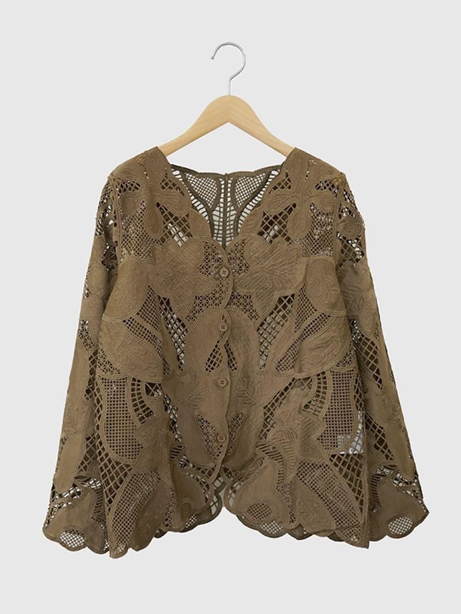 【ラシュッド/LASUD】の【再入荷】Floral lace blouse インテリア・キッズ・メンズ・レディースファッション・服の通販 founy(ファウニー) 　ファッション　Fashion　レディースファッション　Fashion for Women　デニム　Denim, Jeans Material　フェミニン　Feminine, Girly　フラワー　Flower, Floral　モチーフ　Motif, Design Theme　レース　Lace, Lace Fabric　ワイド　Wide, Wide Fit　エレガント 上品　Elegant　再入荷　Restock / Back in Stock　羽織　Haori, Light Jacket　ブラウン|ID: prp329100004986355 ipo3291000000037349882