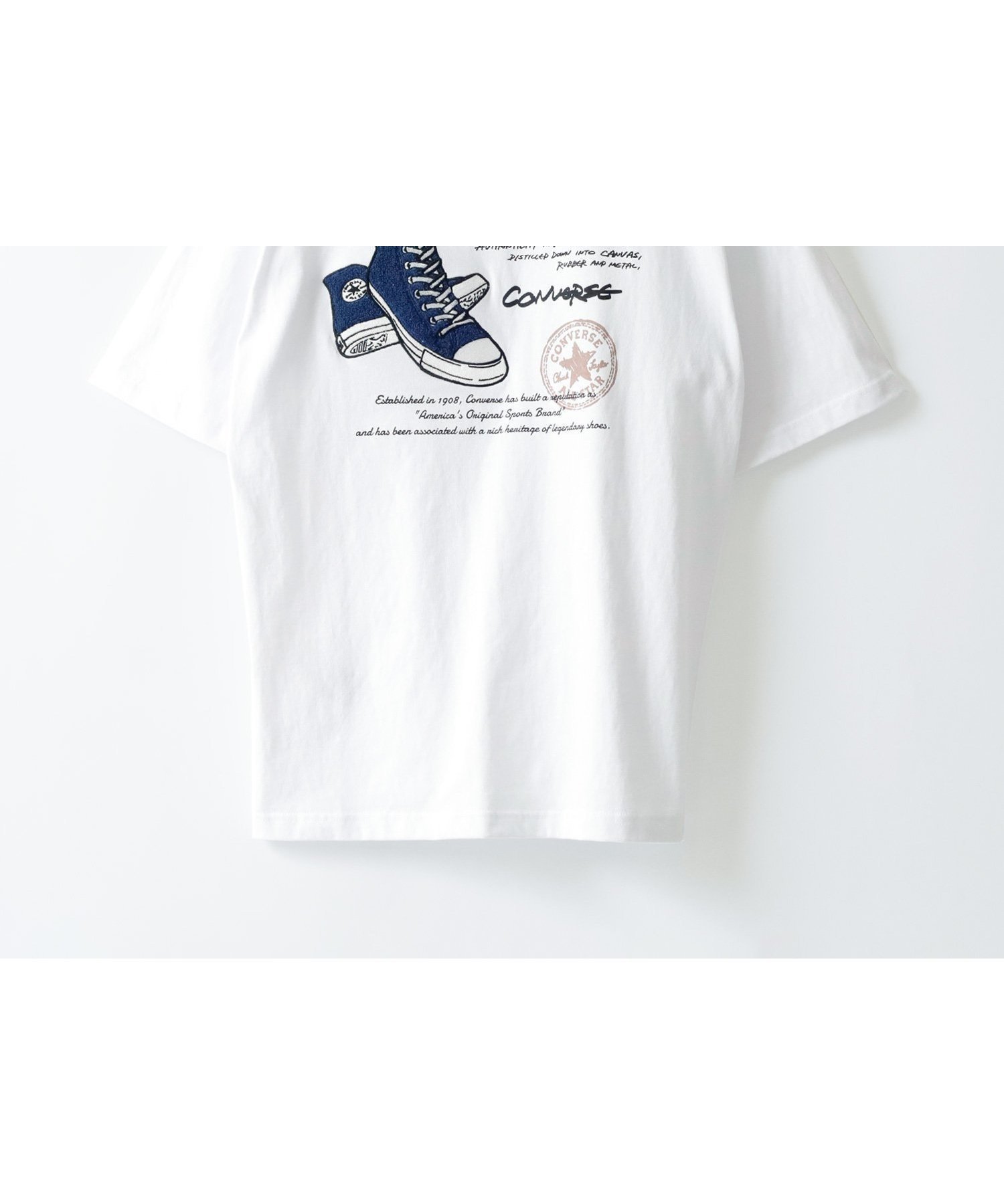 【マルカワ/MARUKAWA】のCONVERSE コンバース Tシャツ メンズ 半袖 バック プリント サガラ 刺繍 レディース ユニセックス ティーシャツ インテリア・キッズ・メンズ・レディースファッション・服の通販 founy(ファウニー) 　ファッション　Fashion　レディースファッション　Fashion for Women　トップス・カットソー　Cut & Sew Tops　シャツ・ブラウス・オフィスカジュアル　Elegant Blouses & Button-Ups　ロングTシャツ・Tシャツ　Longline T-Shirts & Tees　バッグ　Bags　アウトドア　Outdoor Clothing　春　Spring　カーゴパンツ　Cargo Pants, Utility Pants　キャップ　Cap, Baseball Cap　キャラクター　Character, Licensed Characters　サンダル　Sandals, Summer Shoes　シューズ　Shoes, Footwear　シンプル　Simple, Minimal　ジャケット　Jacket, Outerwear　スタンダード　Standard, Basic　ストライプ　Stripe, Striped Pattern　スニーカー　Sneakers, Trainers　スポーツ　Sports, Activewear　スラックス　Slacks, Dress Pants　センター　Center, Center Line　デニム　Denim, Jeans Material　トレンド　Trend, Trending Now　定番　Standard, Basic Item　人気　Popular, Best Seller　ビッグ　Big, Oversized　フレア　Flare, Flared　フロント　Front, Front Design　ブルゾン　Blouson, Bomber Jacket　プリント　Print, Printed Pattern　ホワイト柄A|ID: prp329100004986560 ipo3291000000037351525