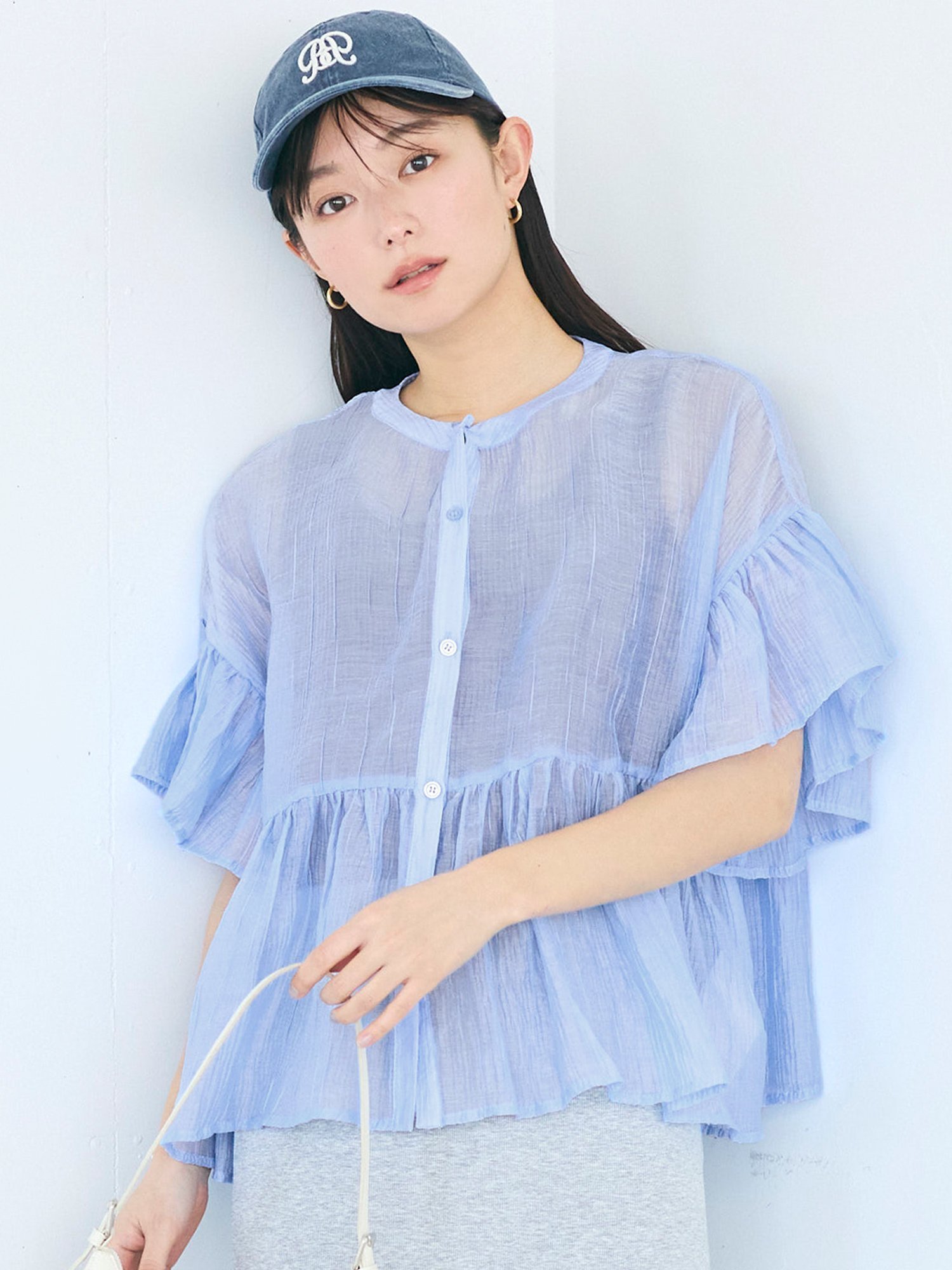 【コカ/COCA】の【田中里奈様着用】シアーフリルブラウス インテリア・キッズ・メンズ・レディースファッション・服の通販 founy(ファウニー) 　ファッション　Fashion　レディースファッション　Fashion for Women　トップス・カットソー　Cut & Sew Tops　シャツ・ブラウス・オフィスカジュアル　Elegant Blouses & Button-Ups　インナーキャミ　Inner Camisole　ガーリー　Girly, Feminine Style　キャミソール　Camisole, Spaghetti Strap Top　ギャザー　Gathered, Ruffled　シアー　Sheer, See-Through　スキッパー　Skipper, Open Collar　スリーブ　Sleeve, Long Sleeve / Short Sleeve　タンク　Tank Top, Sleeveless Top　デニム　Denim, Jeans Material　フェミニン　Feminine, Girly　フリル　Frill, Ruffle　フレア　Flare, Flared　フロント　Front, Front Design　ポケット　Pocket, Pocket Detail　半袖　Short Sleeve, Half Sleeve　無地　Plain, Solid Color　ワイド　Wide, Wide Fit　夏　Summer　2026年　2026　2026春夏・S/S　Spring/Summer 2026 SS26　Lt.blue|ID: prp329100004986575 ipo3291000000037351645