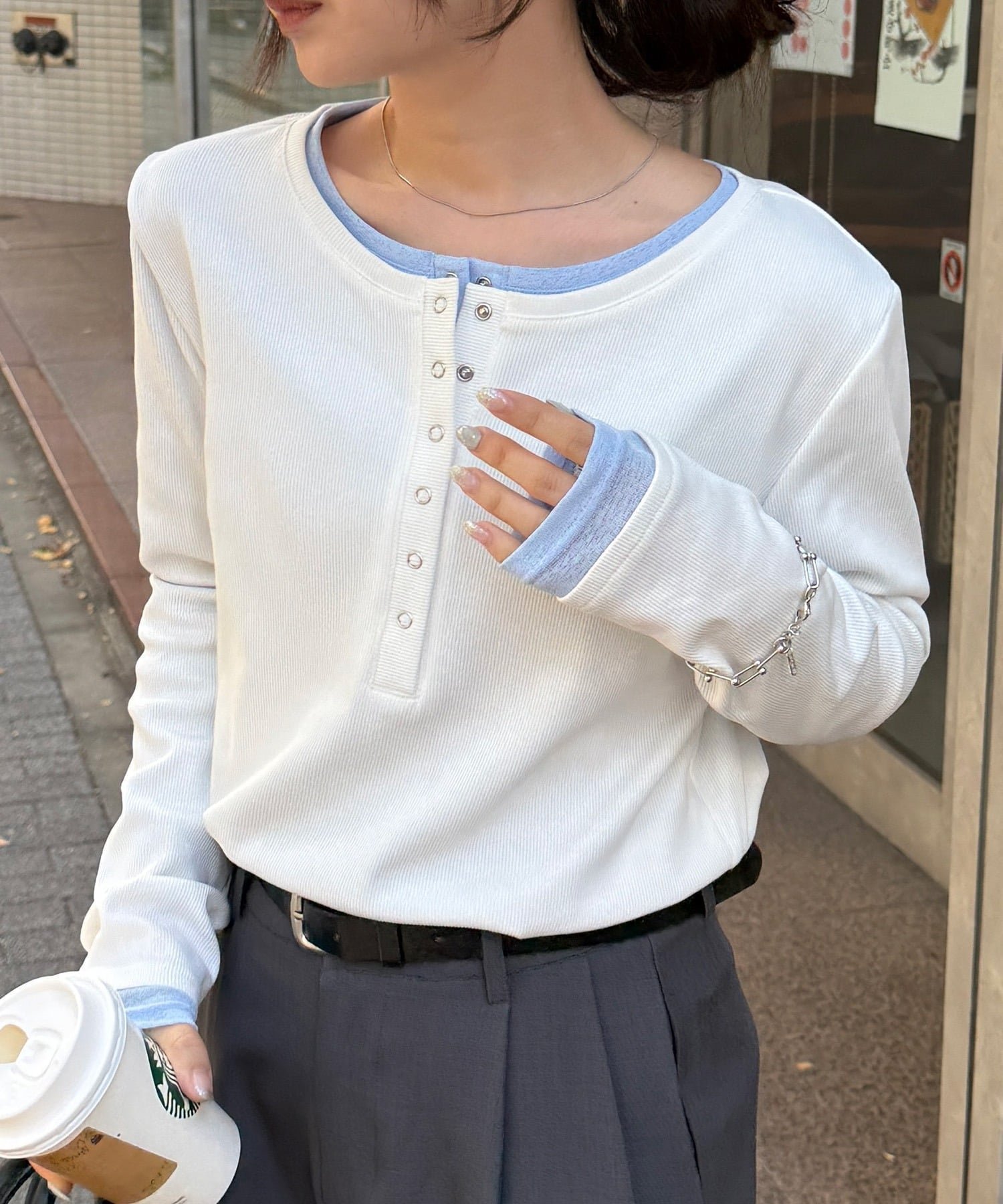 【ラナン/Ranan】のRanan/レイヤードヘンリーネックリブTシャツ インテリア・キッズ・メンズ・レディースファッション・服の通販 founy(ファウニー) 　ファッション　Fashion　レディースファッション　Fashion for Women　トップス・カットソー　Cut & Sew Tops　シャツ・ブラウス・オフィスカジュアル　Elegant Blouses & Button-Ups　ロングTシャツ・Tシャツ　Longline T-Shirts & Tees　インナー　Innerwear　スラックス　Slacks, Dress Pants　デニム　Denim, Jeans Material　長袖　Long Sleeve, Full Sleeve　ポケット　Pocket, Pocket Detail　ミドル　Middle Length, Mid Height　ワンポイント　One Point, Statement Accent　WHK|ID: prp329100004986579 ipo3291000000037351683