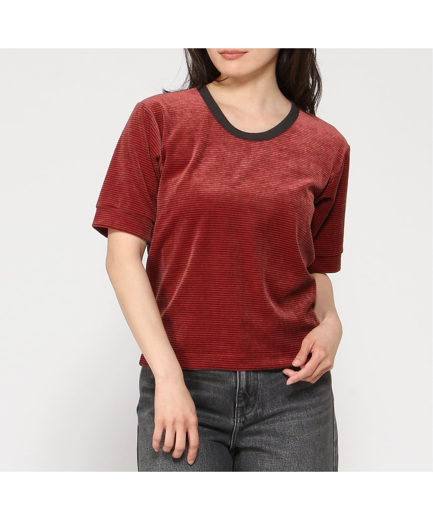 【グレディブリリアン/Gready Brilliant】のGready Brilliant/2_ベロアボーダー5sv インテリア・キッズ・メンズ・レディースファッション・服の通販 founy(ファウニー) 　ファッション　Fashion　レディースファッション　Fashion for Women　トップス・カットソー　Cut & Sew Tops　ベロアトップス　Velour Tops / Velvet-Look Items　なめらか　Smooth, Silky Texture　デニム　Denim, Jeans Material　フェミニン　Feminine, Girly　ベロア　Velour, Soft Velvet　ボーダー　Border, Stripe　エレガント 上品　Elegant　RED|ID: prp329100004986589 ipo3291000000037351757