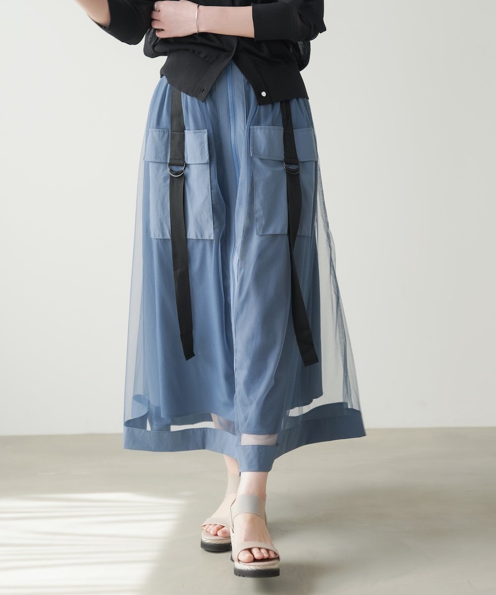 【バブ ブージュルード/Bab Bou Jeloud】のジップ使いチュールスカート インテリア・キッズ・メンズ・レディースファッション・服の通販 founy(ファウニー) 　ファッション　Fashion　レディースファッション　Fashion for Women　スカート　Skirts　コンパクト　Compact, Small Size　シンプル　Simple, Minimal　ジップ　Zip, Zipper　チュール　Tulip, Tulip Motif　バランス　Balance, Style Balance　フロント　Front, Front Design　ポケット　Pocket, Pocket Detail　再入荷　Restock / Back in Stock　BLUE|ID: prp329100004986718 ipo3291000000037353139