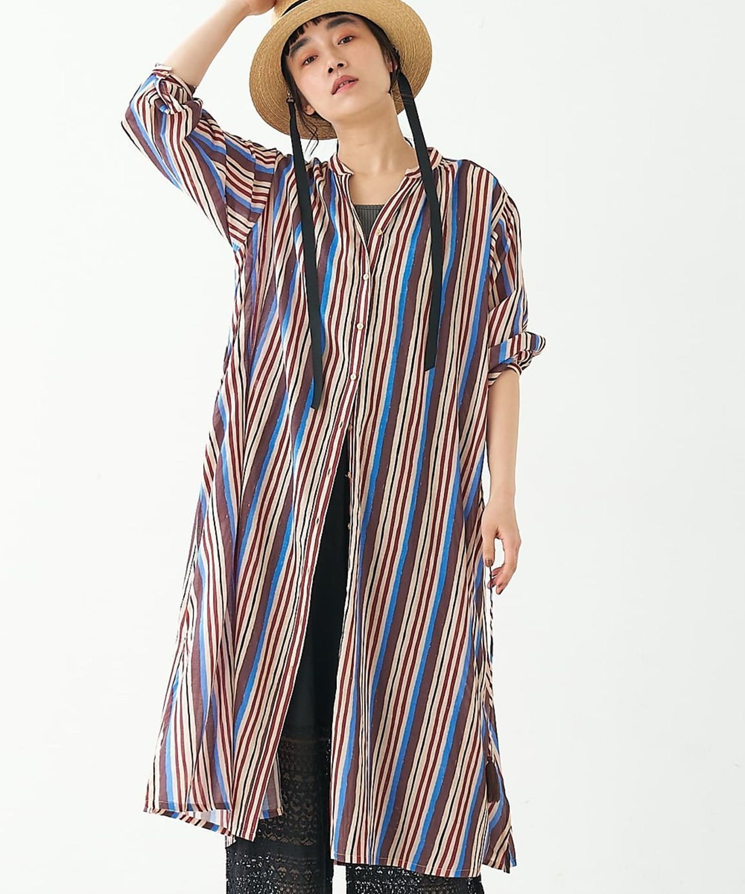【コレックス/collex】のブロックプリント ユラギストライプ 2WAYワンピース インテリア・キッズ・メンズ・レディースファッション・服の通販 founy(ファウニー) 　ファッション　Fashion　レディースファッション　Fashion for Women　ワンピース　Dresses　おすすめ　Recommended / Our Picks　インド　Indian Textile　スキッパー　Skipper, Open Collar　スタンド　Stand Collar, Upright Stand　ストライプ　Stripe, Striped Pattern　スリット　Slit, Slit Detail　セットアップ　Set-Up, Coordinated Outfit　デニム　Denim, Jeans Material　ブロック　Block, Solid Block Pattern　プリント　Print, Printed Pattern　リラックス　Relax, Relaxed Fit　エレガント 上品　Elegant　羽織　Haori, Light Jacket　ダークブラウン|ID: prp329100004986792 ipo3291000000037353914